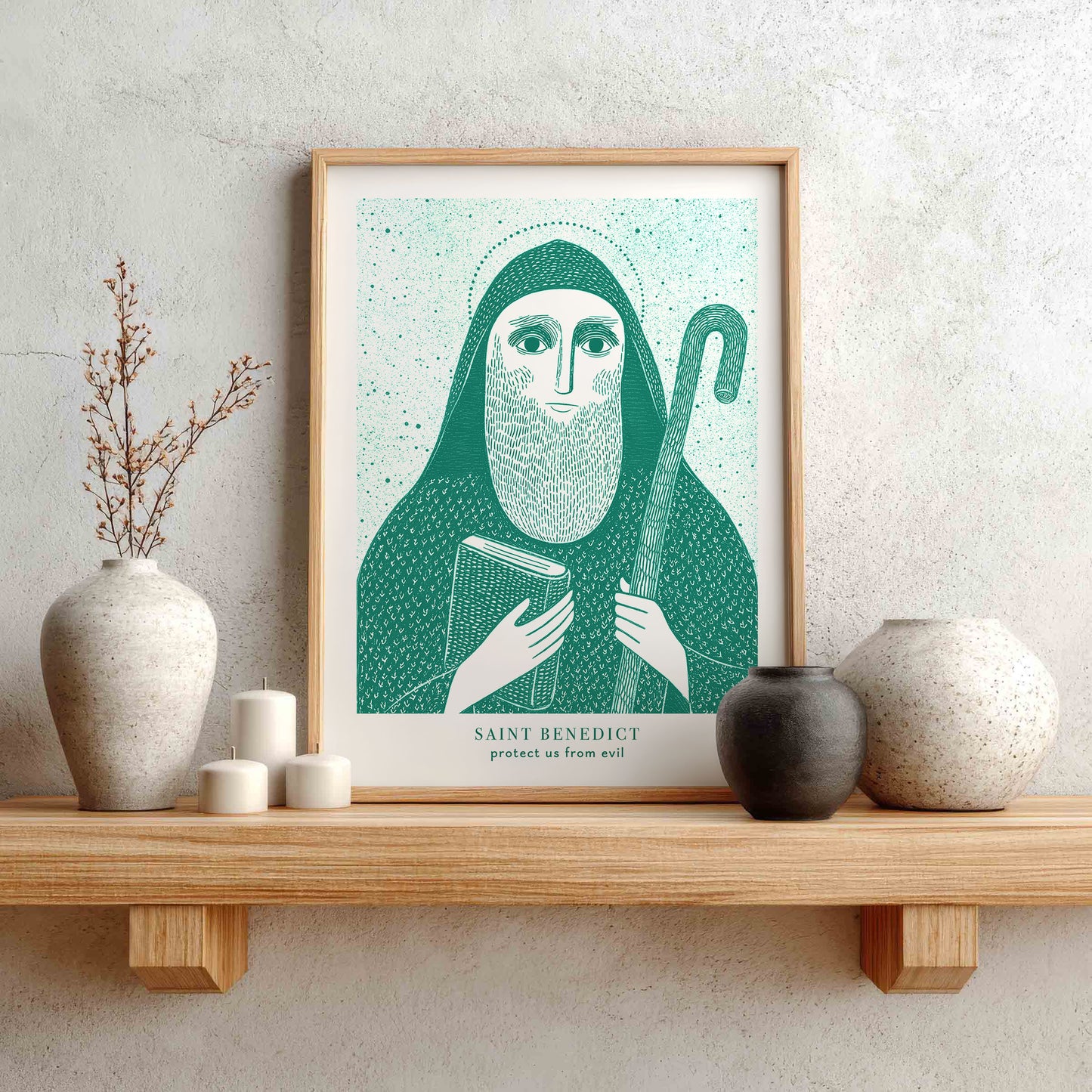 St Benedict Art Print - Teal interior mockup 01 - p_1_shelf_mono_0000_Layer 1