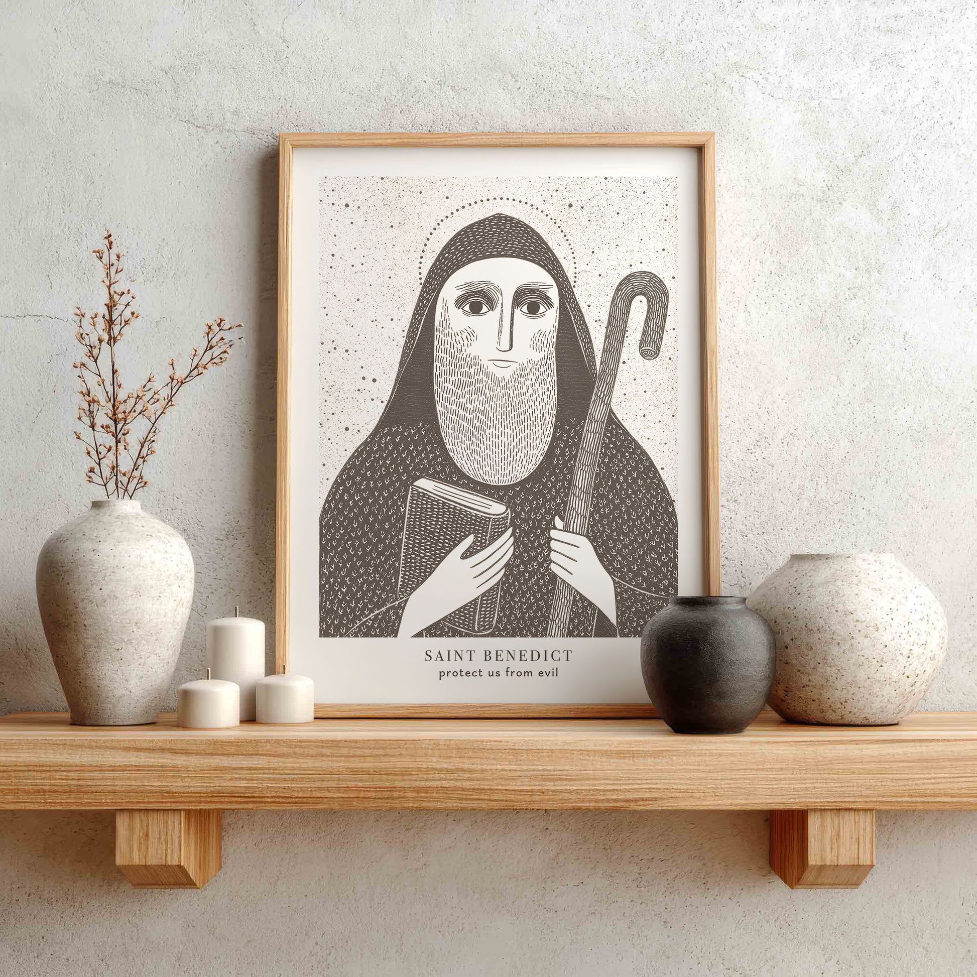 St Benedict Art Print - Brown interior mockup 01 - p_1_shelf_mono_0001_Layer 2