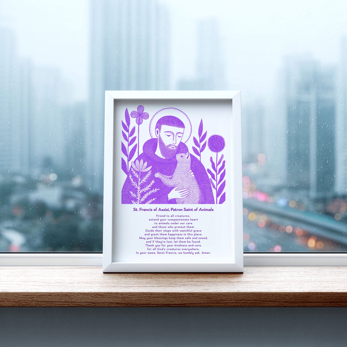 St Francis with Cat Art Print - Purple interior mockup 08 - p_20_franc_cat_0006_Layer 4