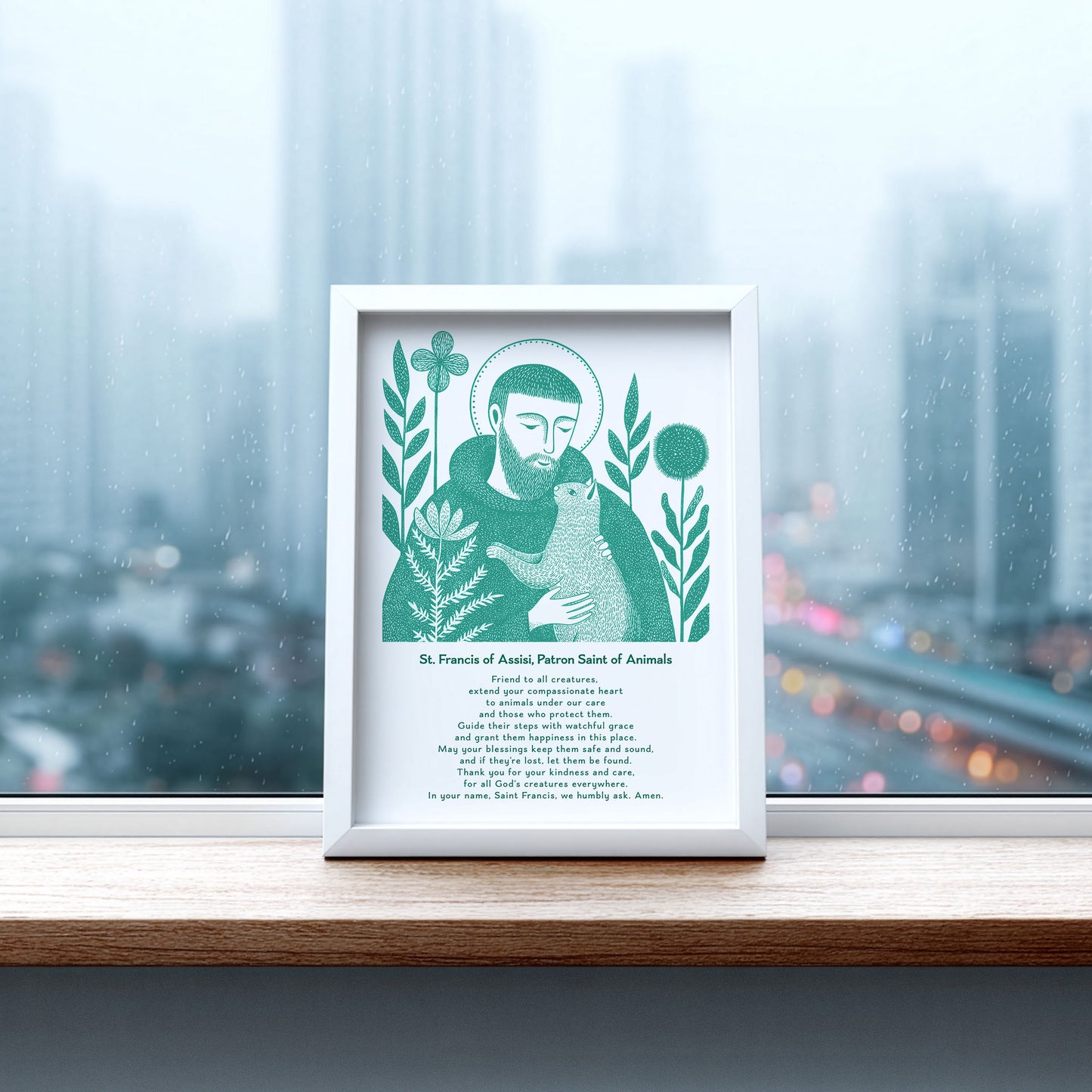 St Francis with Cat Art Print - Teal interior mockup 07 - p_20_franc_cat_0008_Layer 2