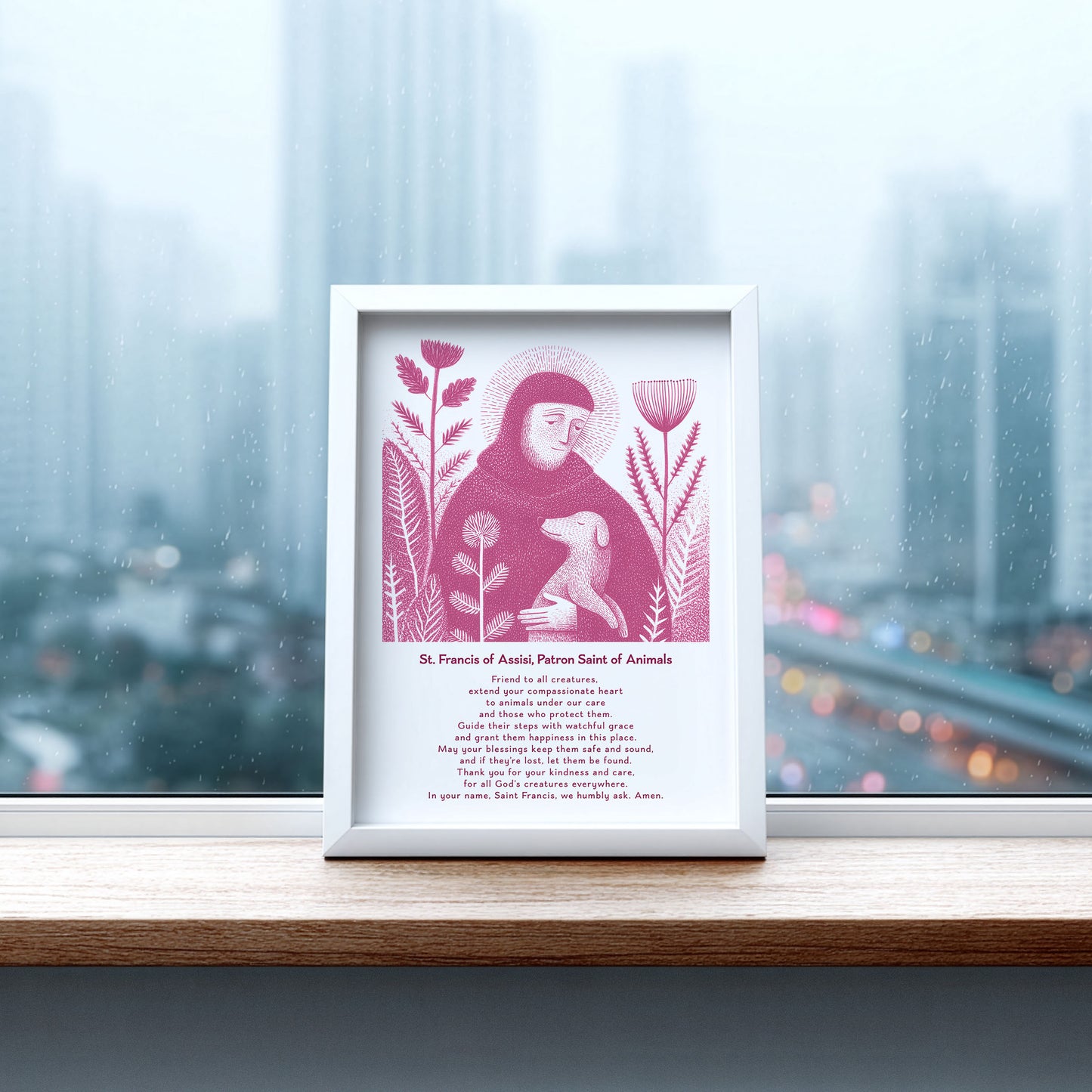 St Francis with Dog Art Print - Pink interior mockup 07 - p_20_franc_dog_0005_Layer 5