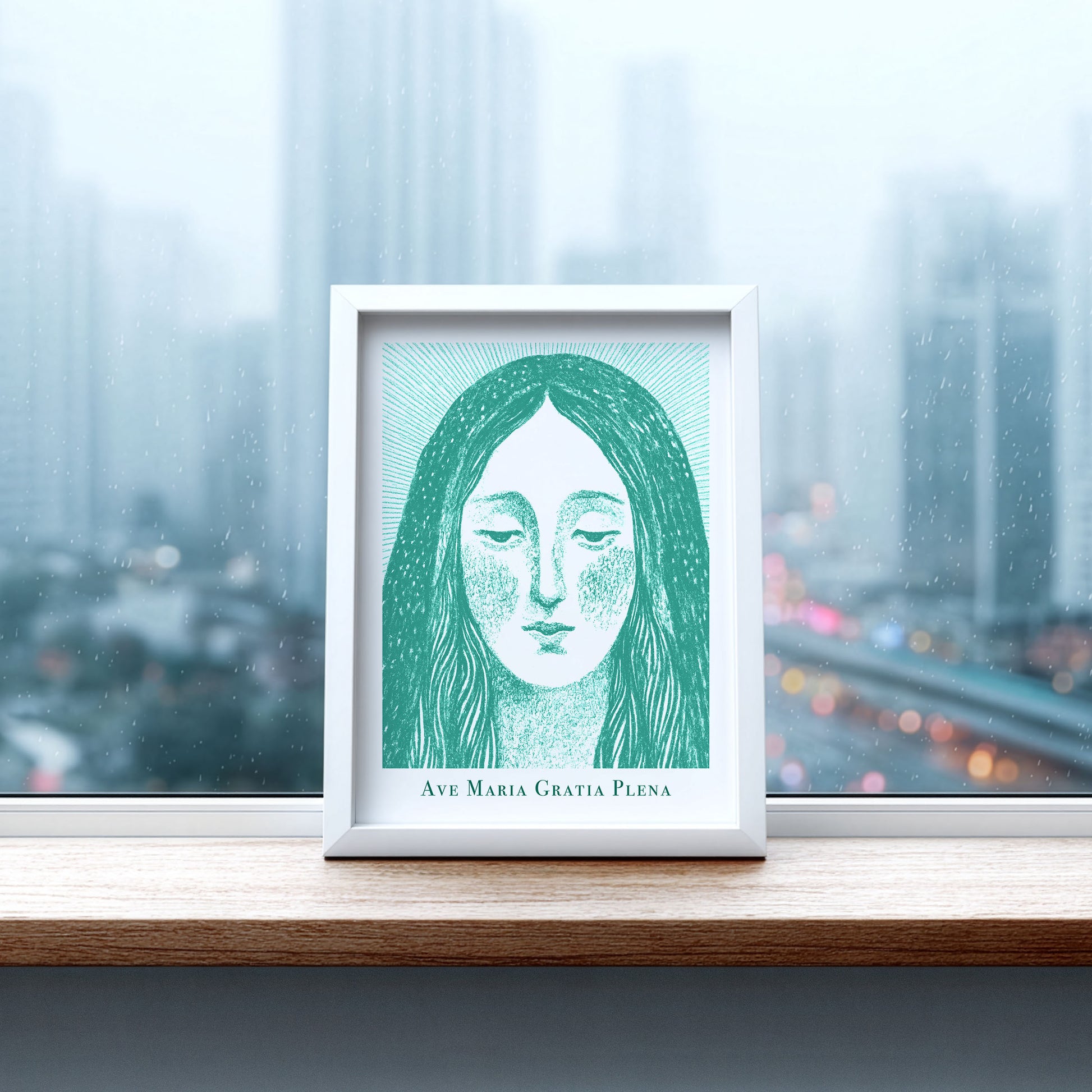 Virgin Mary Art Print - Teal interior mockup 06 - p_20_maria_0008_Layer 2