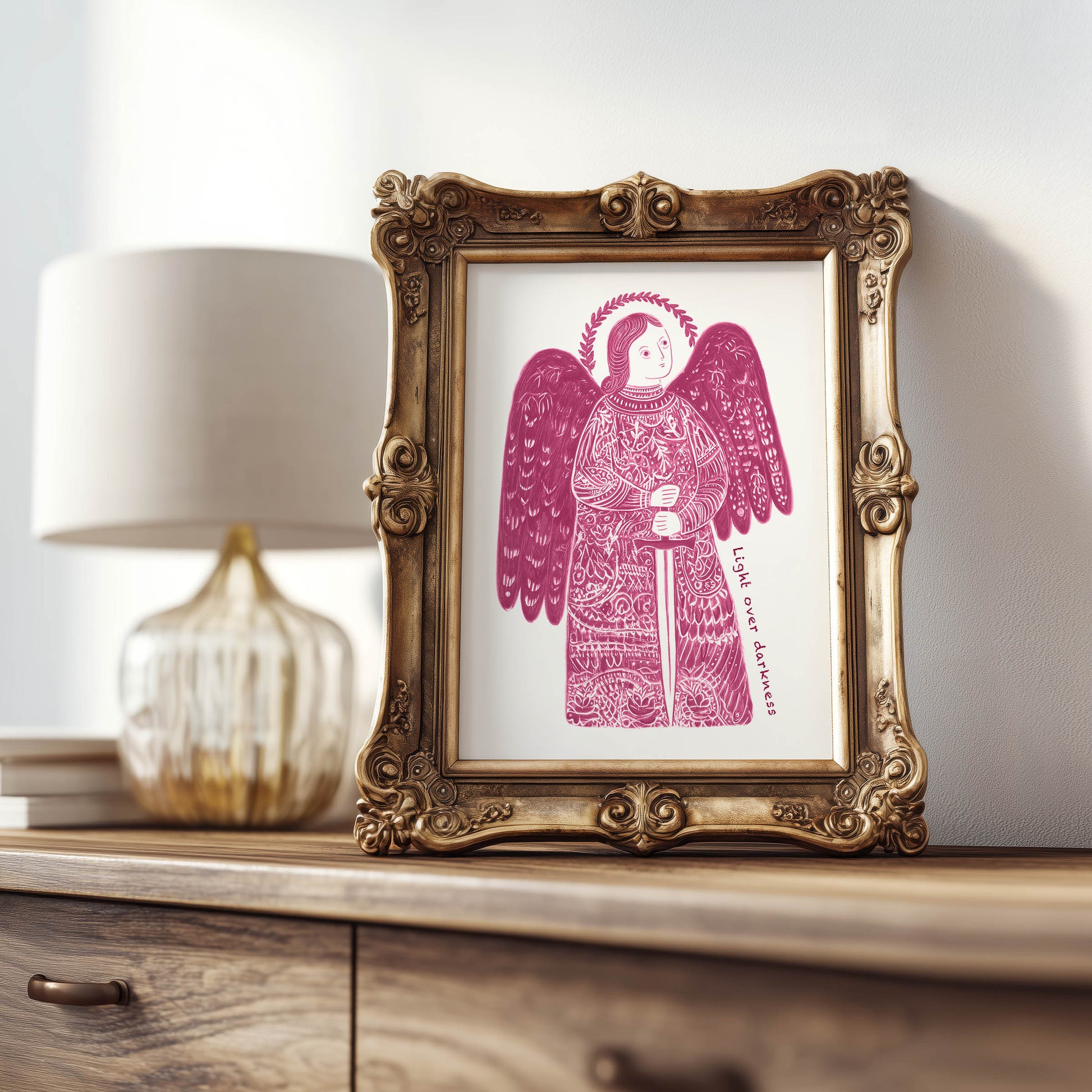 St Michael the Archangel Art Print - Pink interior mockup 07 - p_21_am_0005_Layer 5