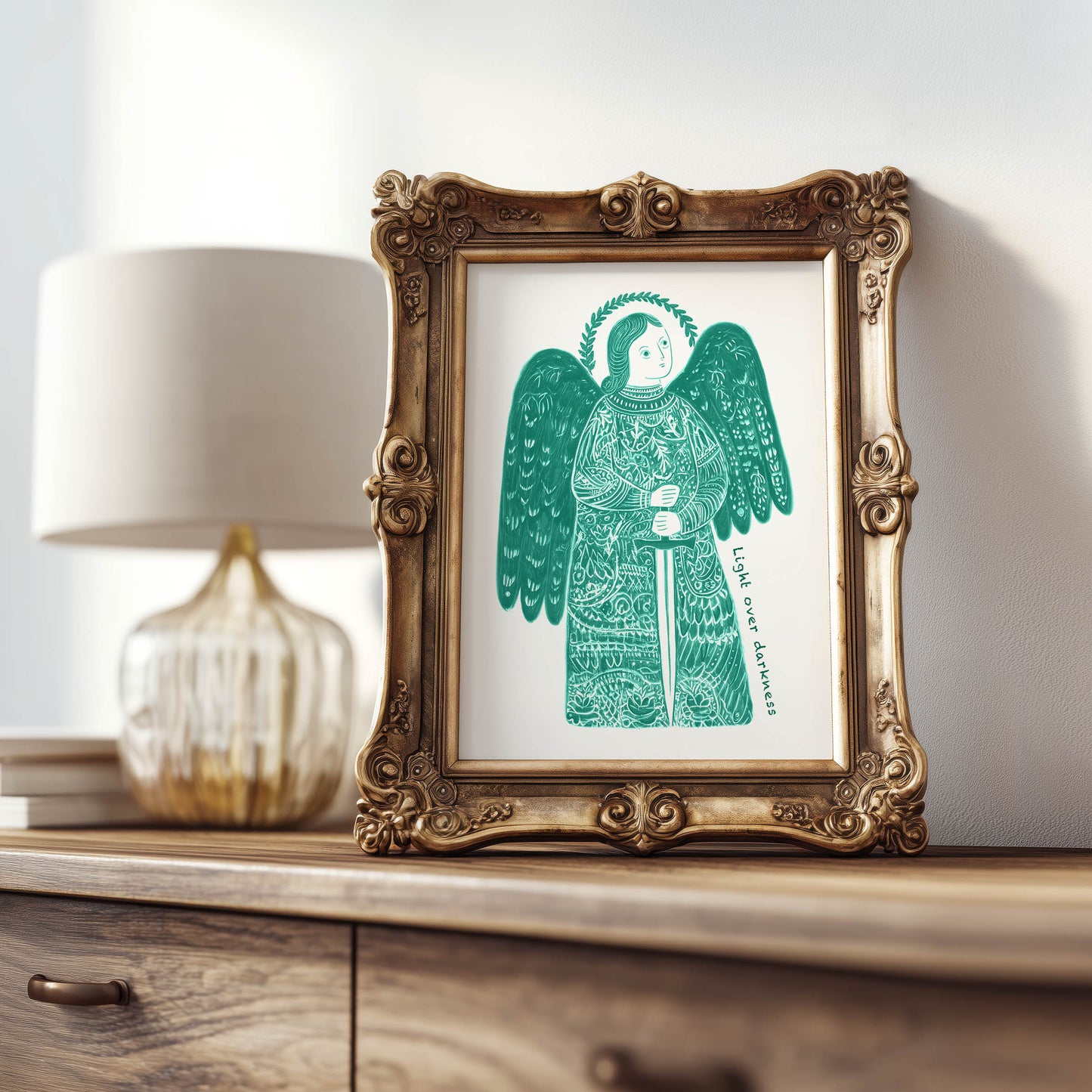 St Michael the Archangel Art Print - Teal interior mockup 07 - p_21_am_0008_Layer 2