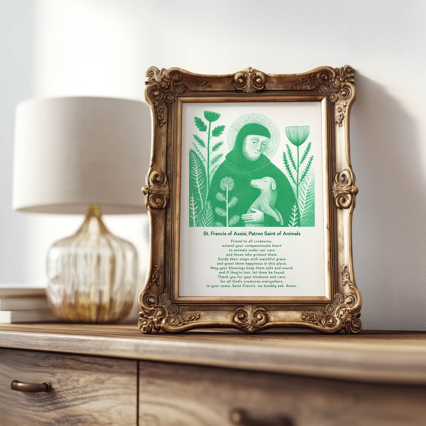 St Francis with Dog Art Print - Green interior mockup 08 - p_21_franc_dog_0004_Layer 6