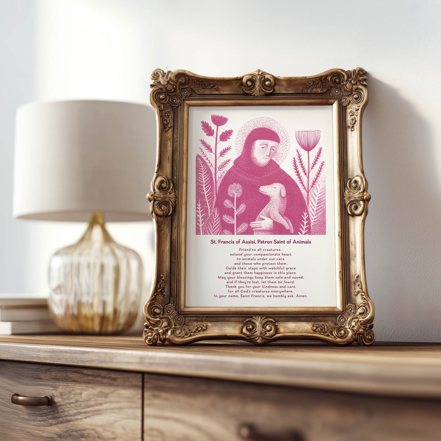 St Francis with Dog Art Print - Pink interior mockup 08 - p_21_franc_dog_0005_Layer 5