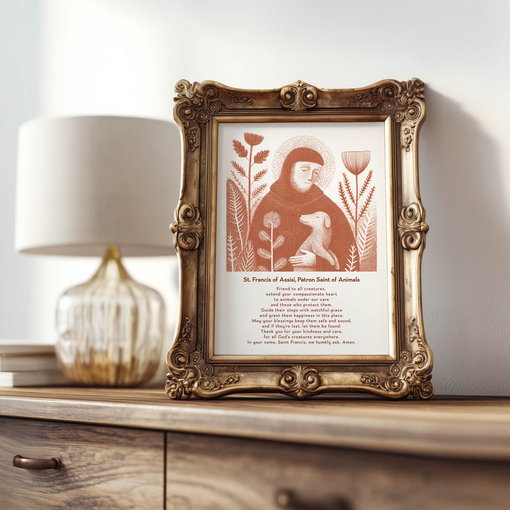 St Francis with Dog Art Print - Terracotta interior mockup 08 - p_21_franc_dog_0009_Layer 1