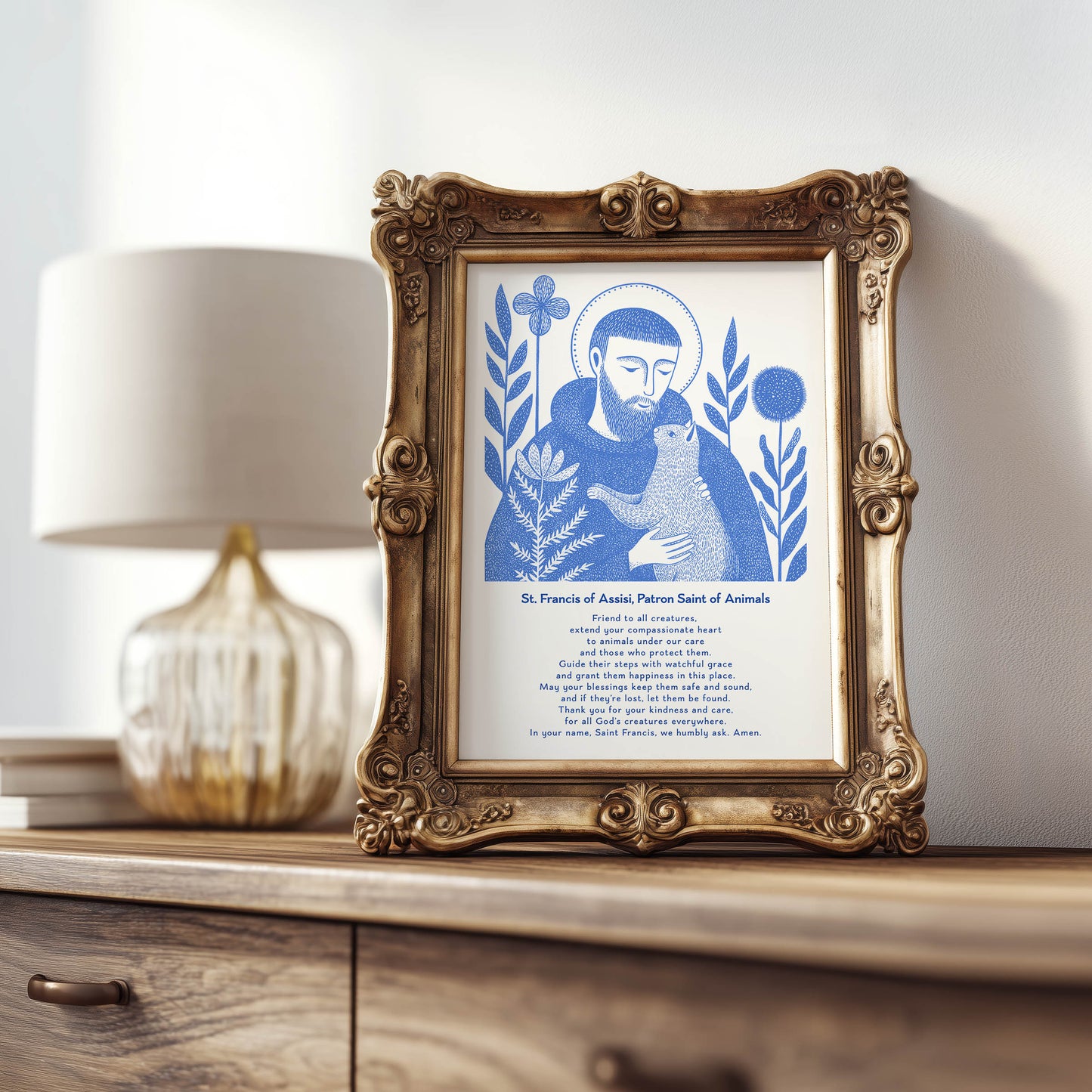 St Francis with Cat Art Print - Blue interior mockup 08 - p_21_ftanc_cat_0001_Layer 9