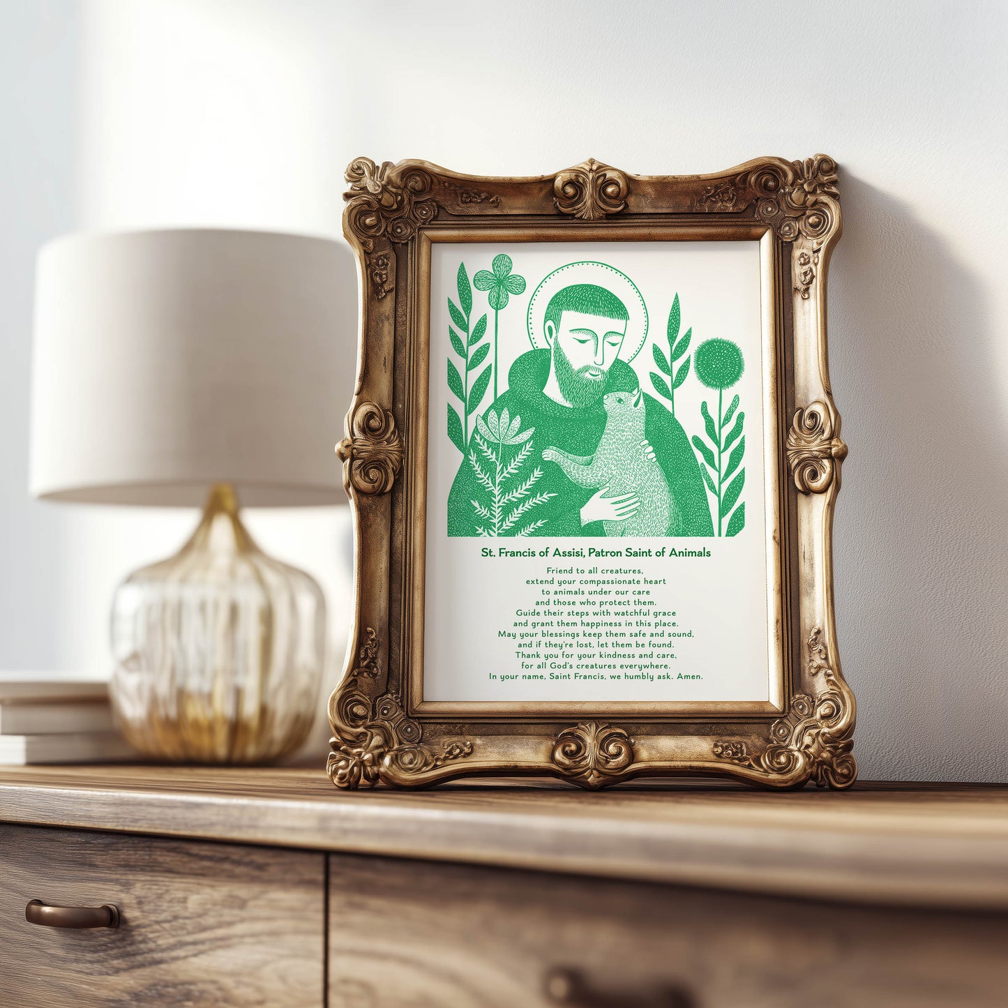 St Francis with Cat Art Print - Green interior mockup 08 - p_21_ftanc_cat_0004_Layer 6