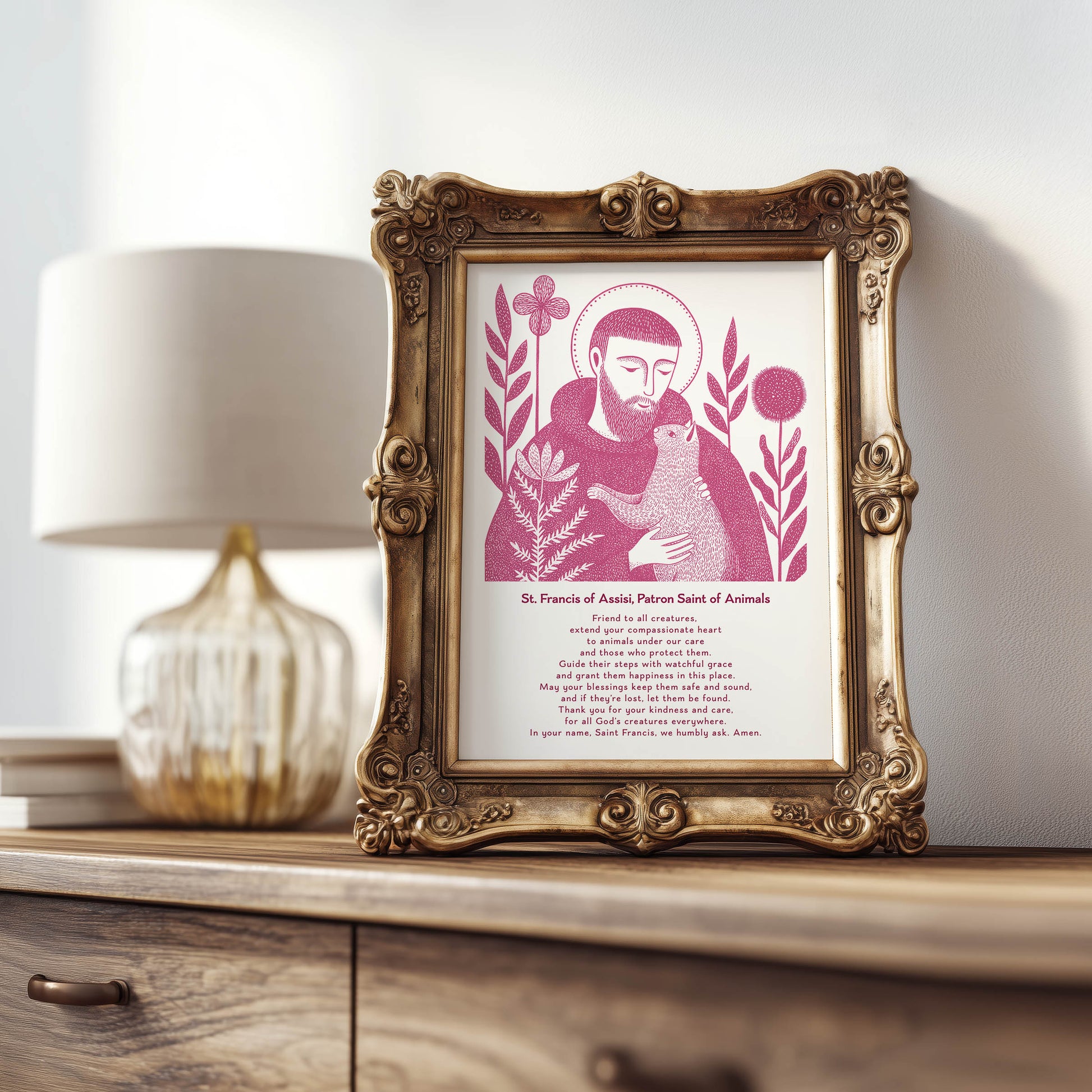St Francis with Cat Art Print - Pink interior mockup 08 - p_21_ftanc_cat_0005_Layer 5