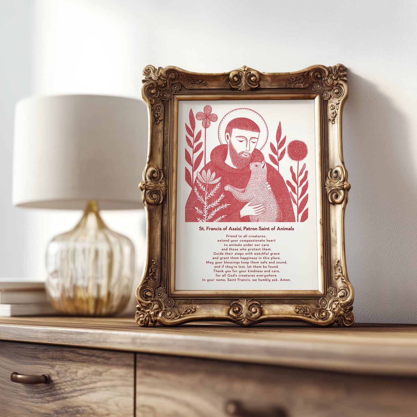 St Francis with Cat Art Print - Red interior mockup 09 - p_21_ftanc_cat_0007_Layer 3