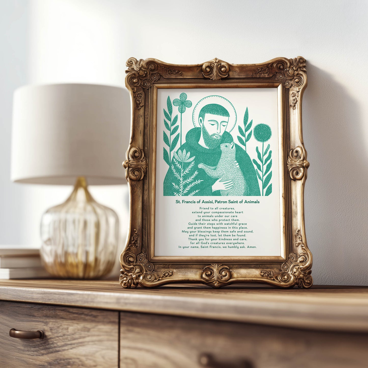 St Francis with Cat Art Print - Teal interior mockup 08 - p_21_ftanc_cat_0008_Layer 2