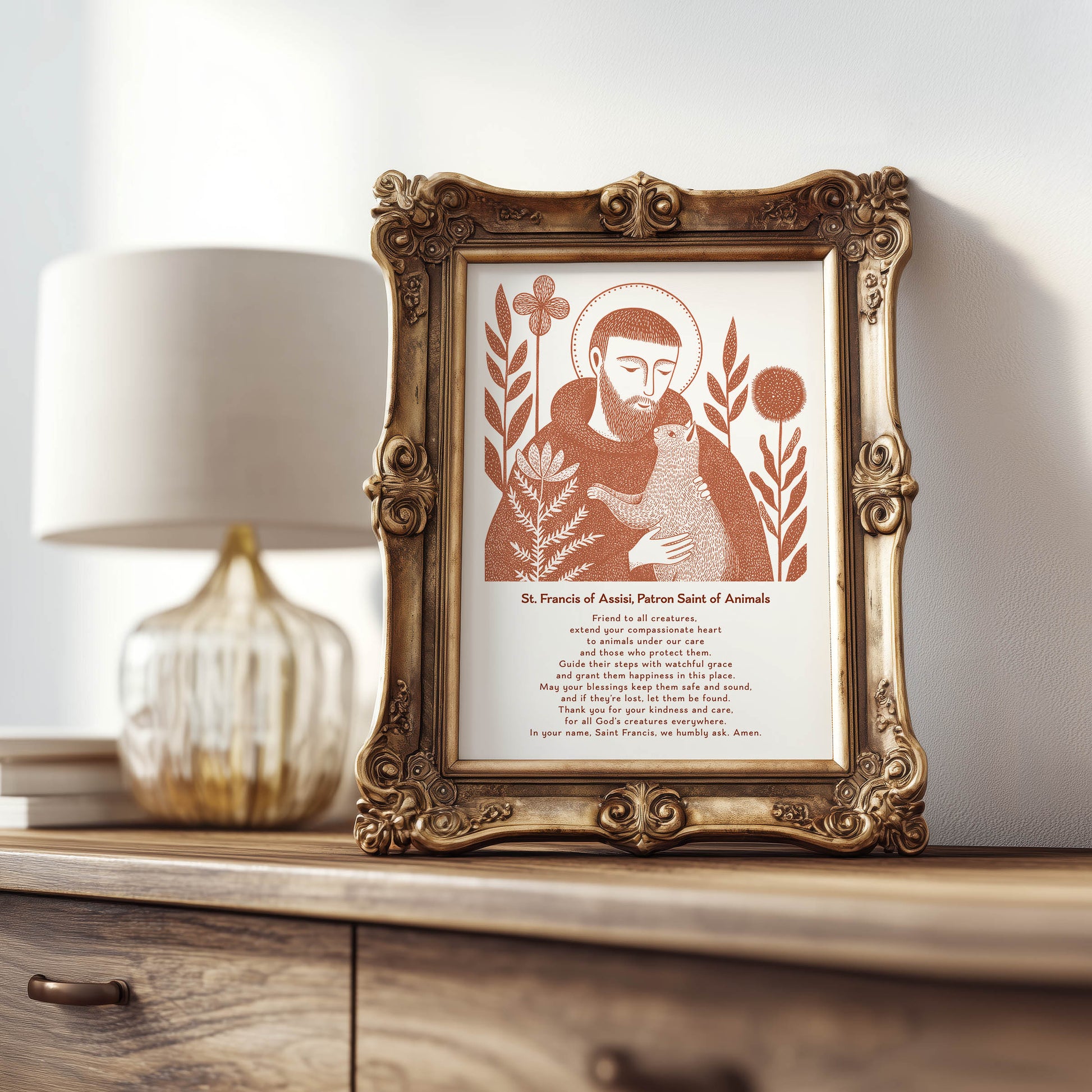 St Francis with Cat Art Print - Terracotta interior mockup 08 - p_21_ftanc_cat_0009_Layer 1
