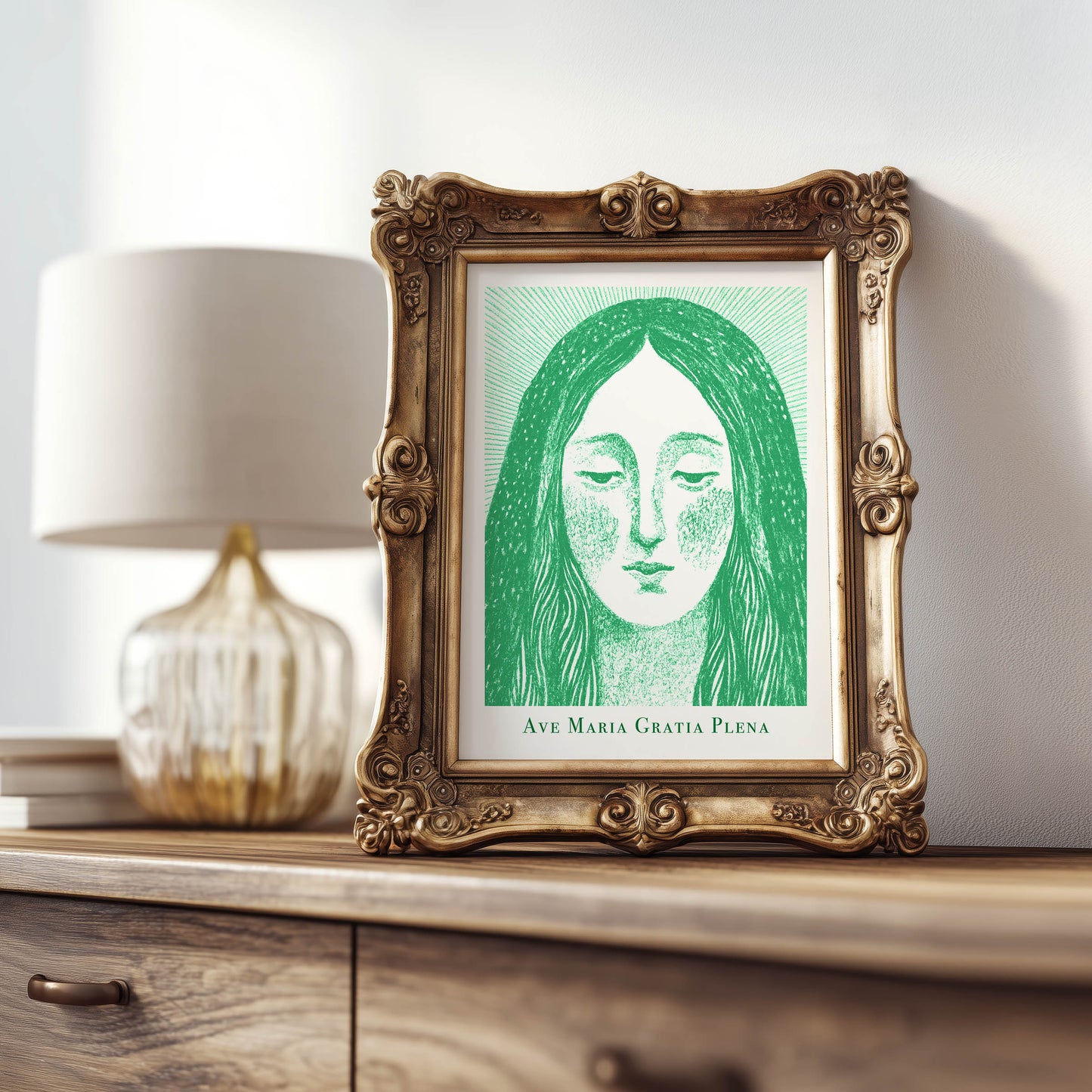 Virgin Mary Art Print - Green interior mockup 07 - p_21_maria_0004_Layer 6