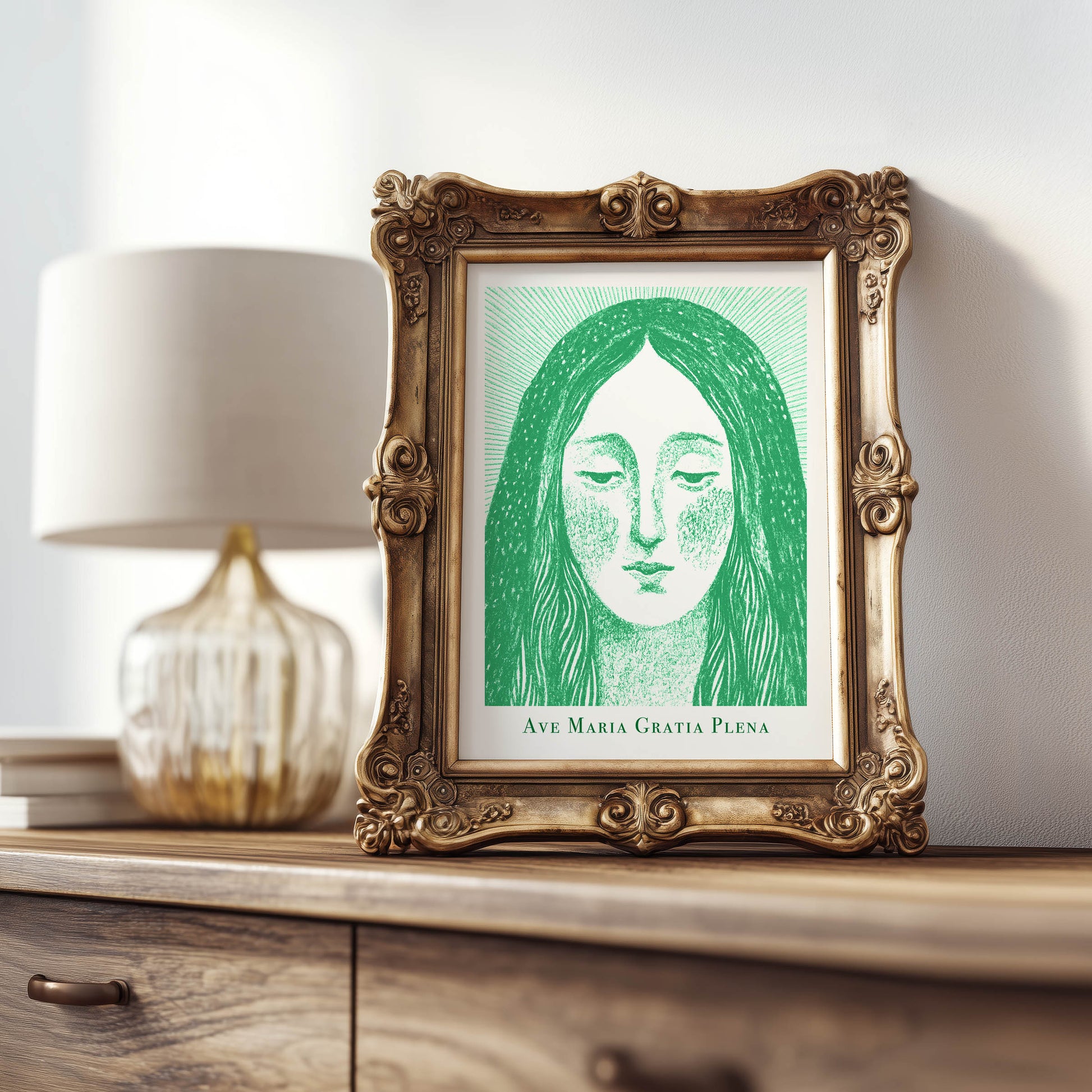 Virgin Mary Art Print - Green interior mockup 07 - p_21_maria_0004_Layer 6