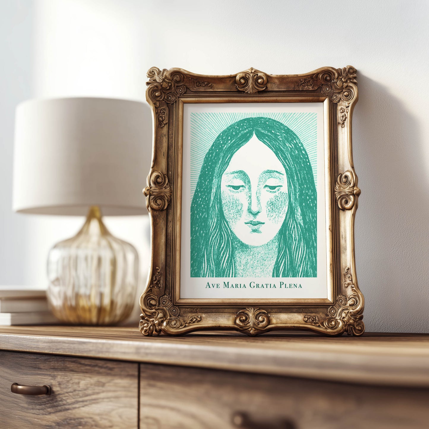 Virgin Mary Art Print - Teal interior mockup 07 - p_21_maria_0008_Layer 2