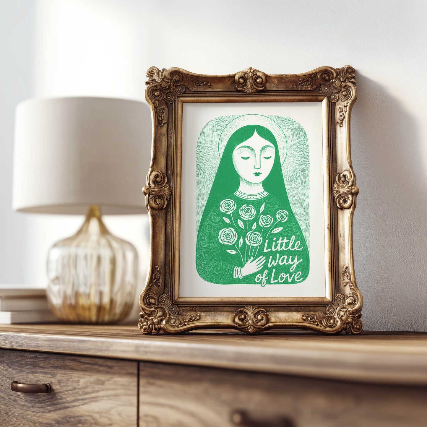 St Therese of Lisieux Art Print - Green interior mockup 07 - p_21_ter_0004_Layer 6
