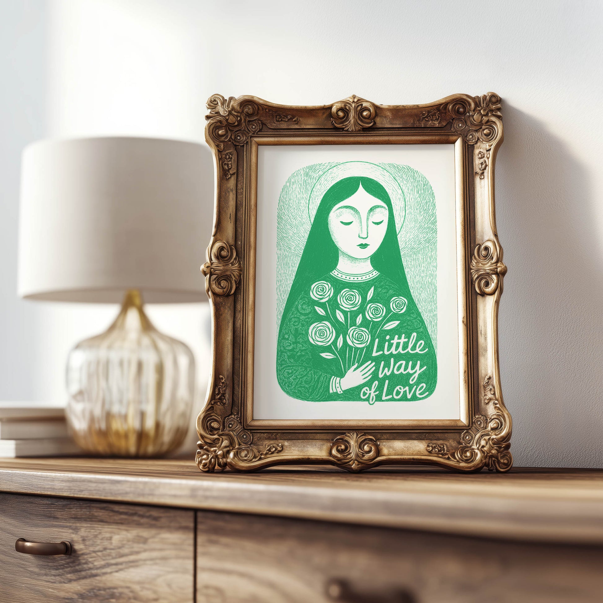 St Therese of Lisieux Art Print - Green interior mockup 07 - p_21_ter_0004_Layer 6