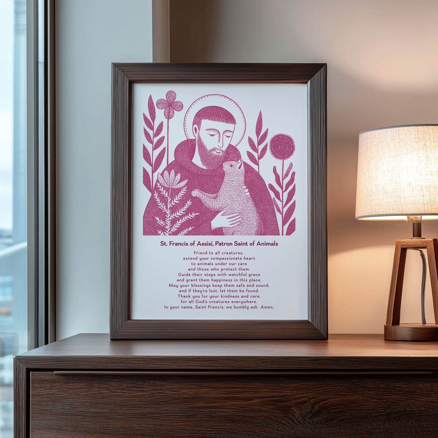 St Francis with Cat Art Print - Pink interior mockup 09 - p_22_franc_cat_0005_Layer 5