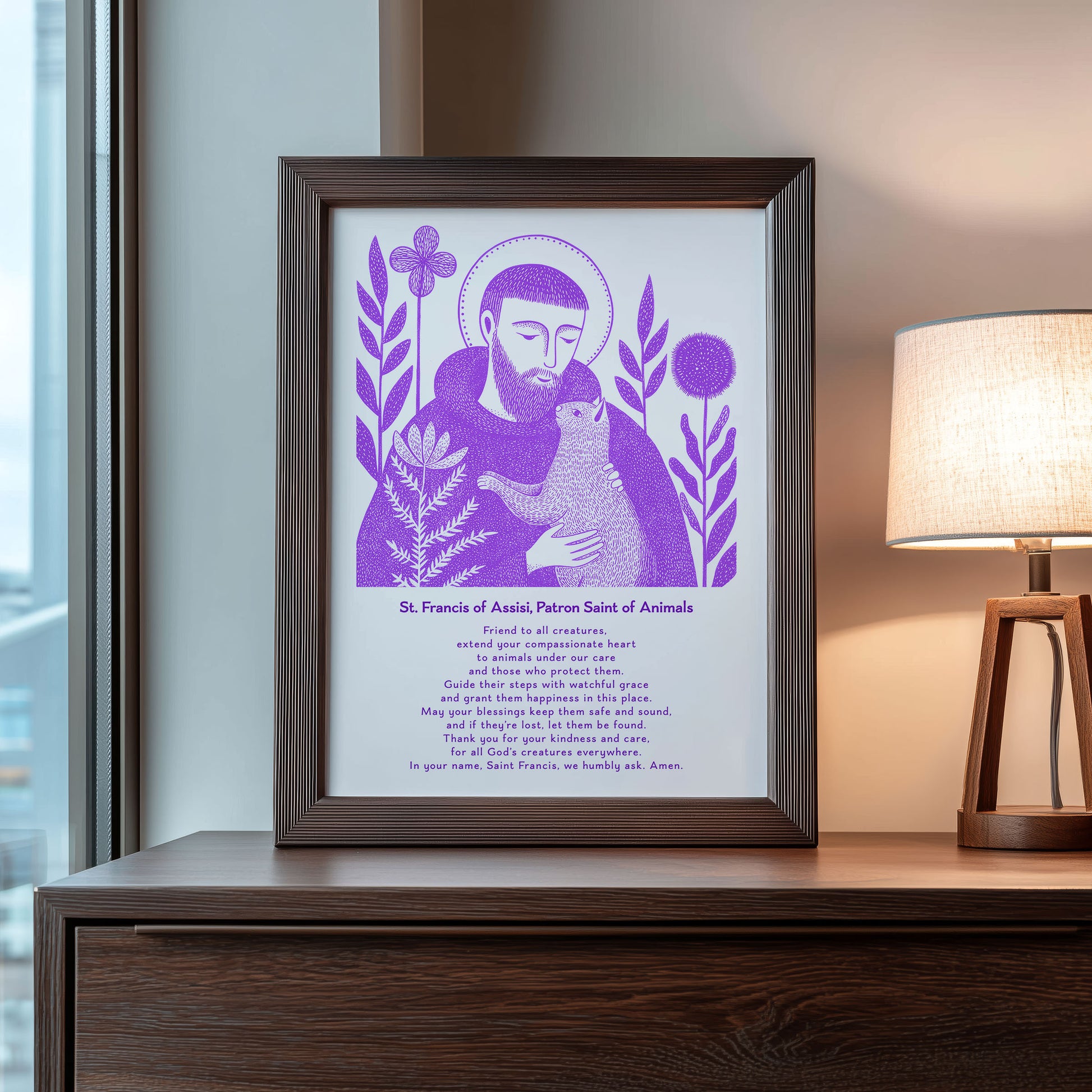 St Francis with Cat Art Print - Purple interior mockup 10 - p_22_franc_cat_0006_Layer 4
