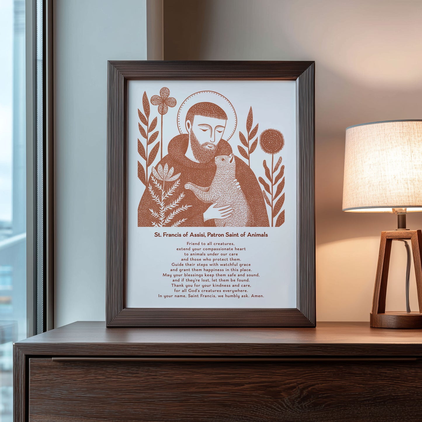 St Francis with Cat Art Print - Terracotta interior mockup 09 - p_22_franc_cat_0009_Layer 1