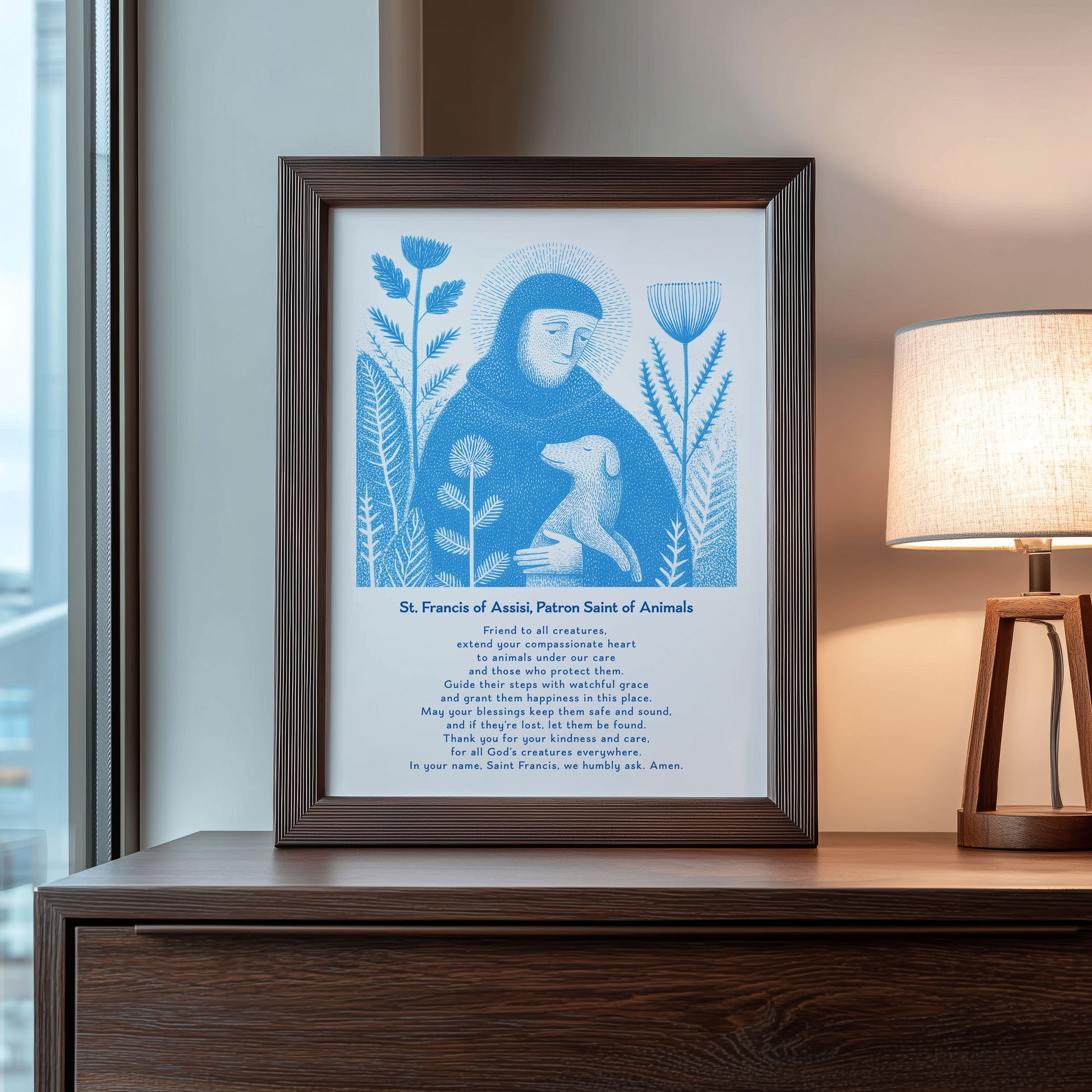 St Francis with Dog Art Print - Deep Blue interior mockup 10 - p_22_franc_dog_0002_Layer 8