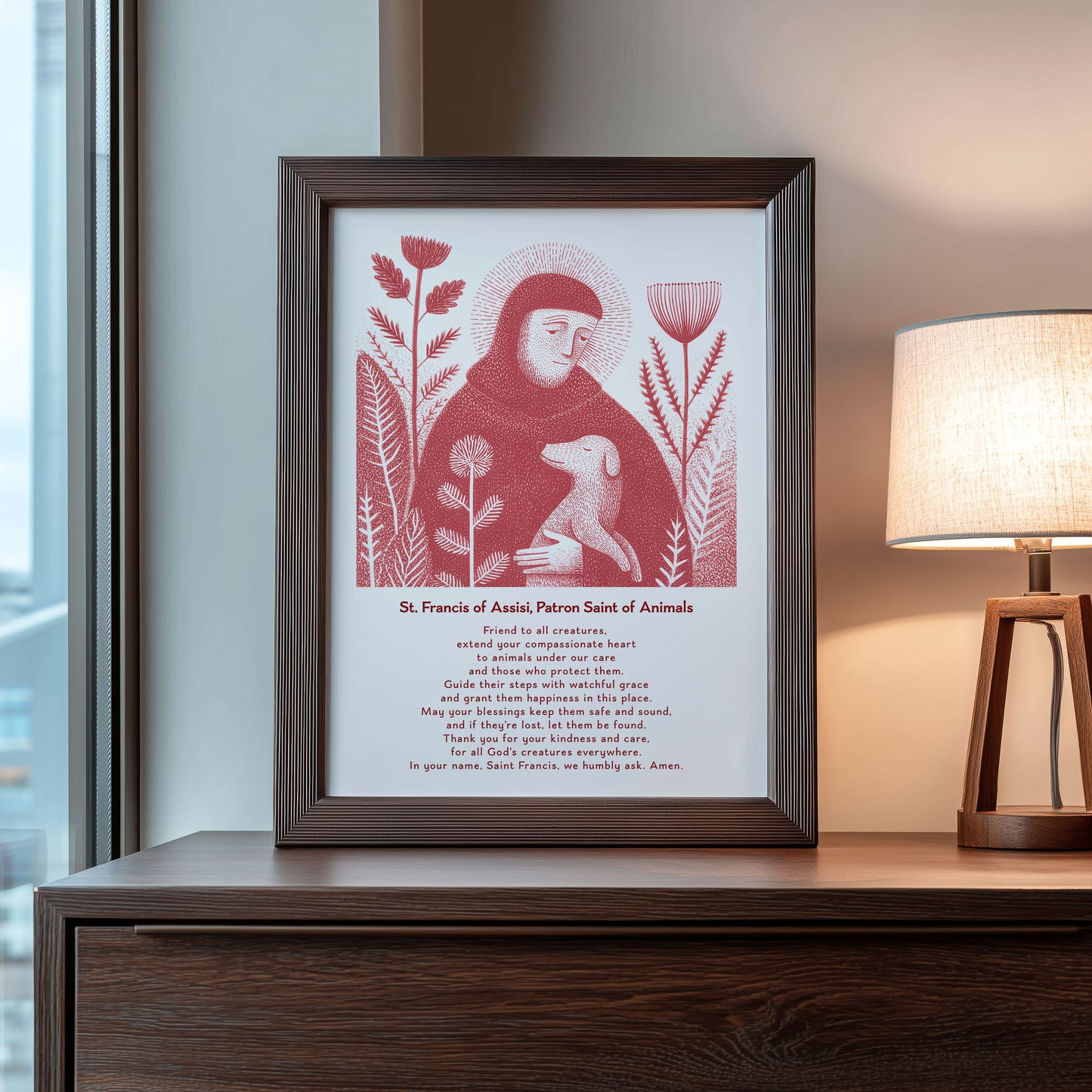 St Francis with Dog Art Print - Red interior mockup 10 - p_22_franc_dog_0007_Layer 3