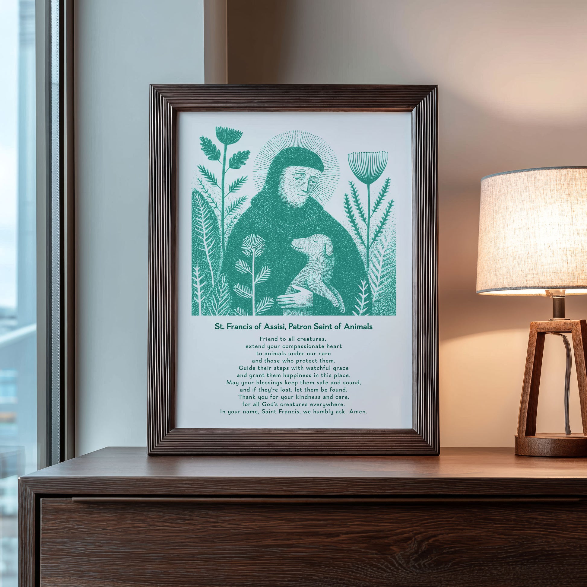 St Francis with Dog Art Print - Teal interior mockup 09 - p_22_franc_dog_0008_Layer 2