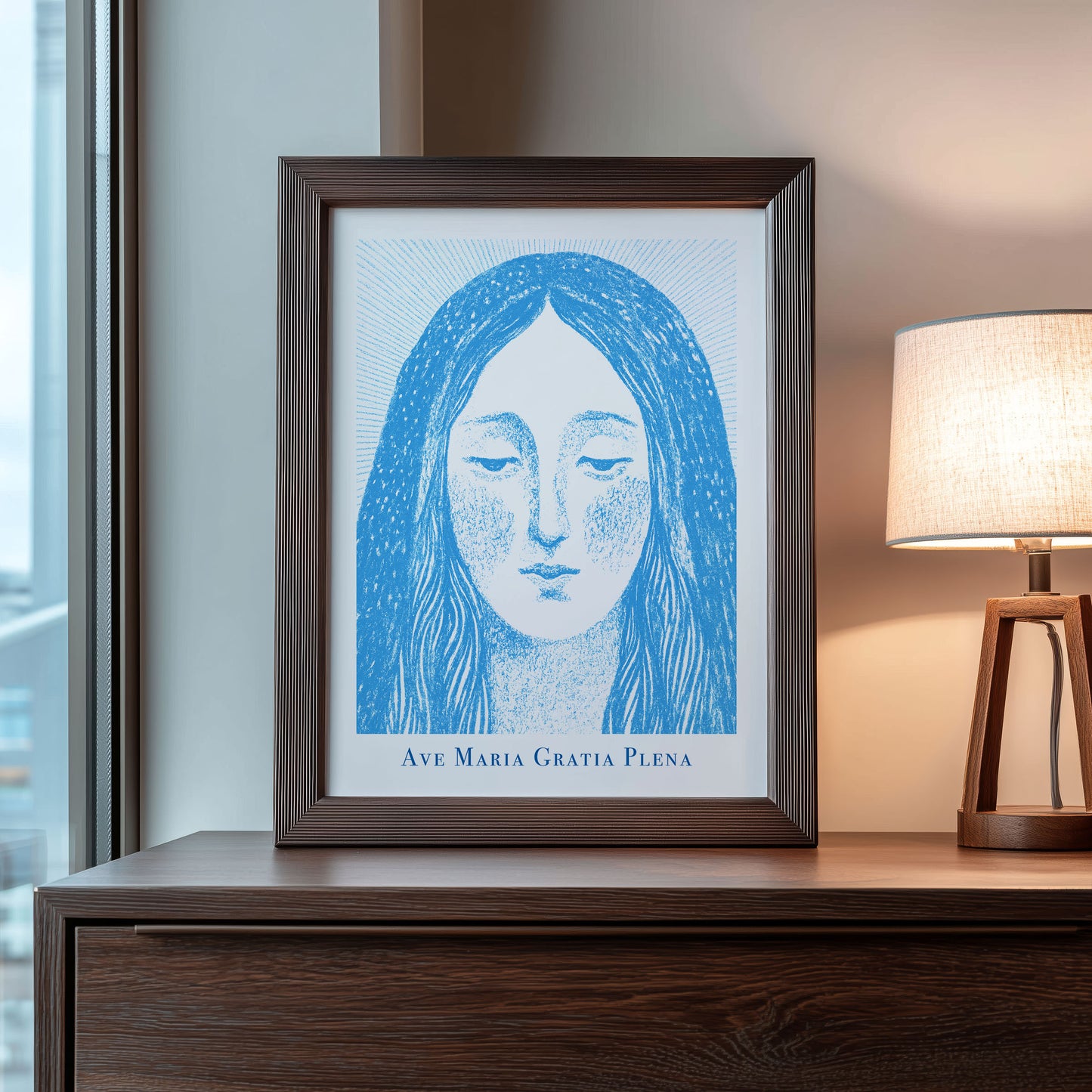 Virgin Mary Art Print - Deep Blue interior mockup 09 - p_22_maria_0002_Layer 8