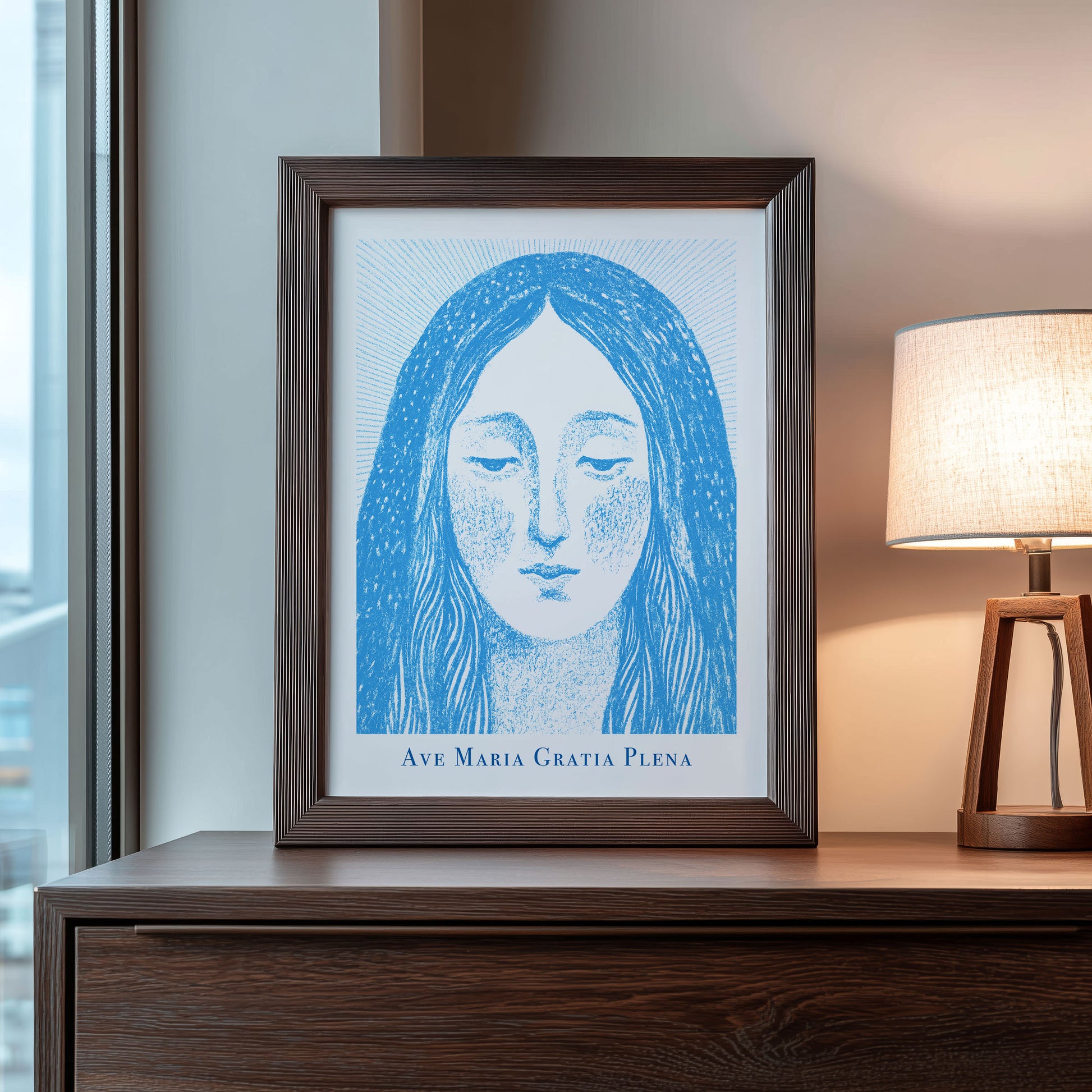 Virgin Mary Art Print - Deep Blue interior mockup 09 - p_22_maria_0002_Layer 8
