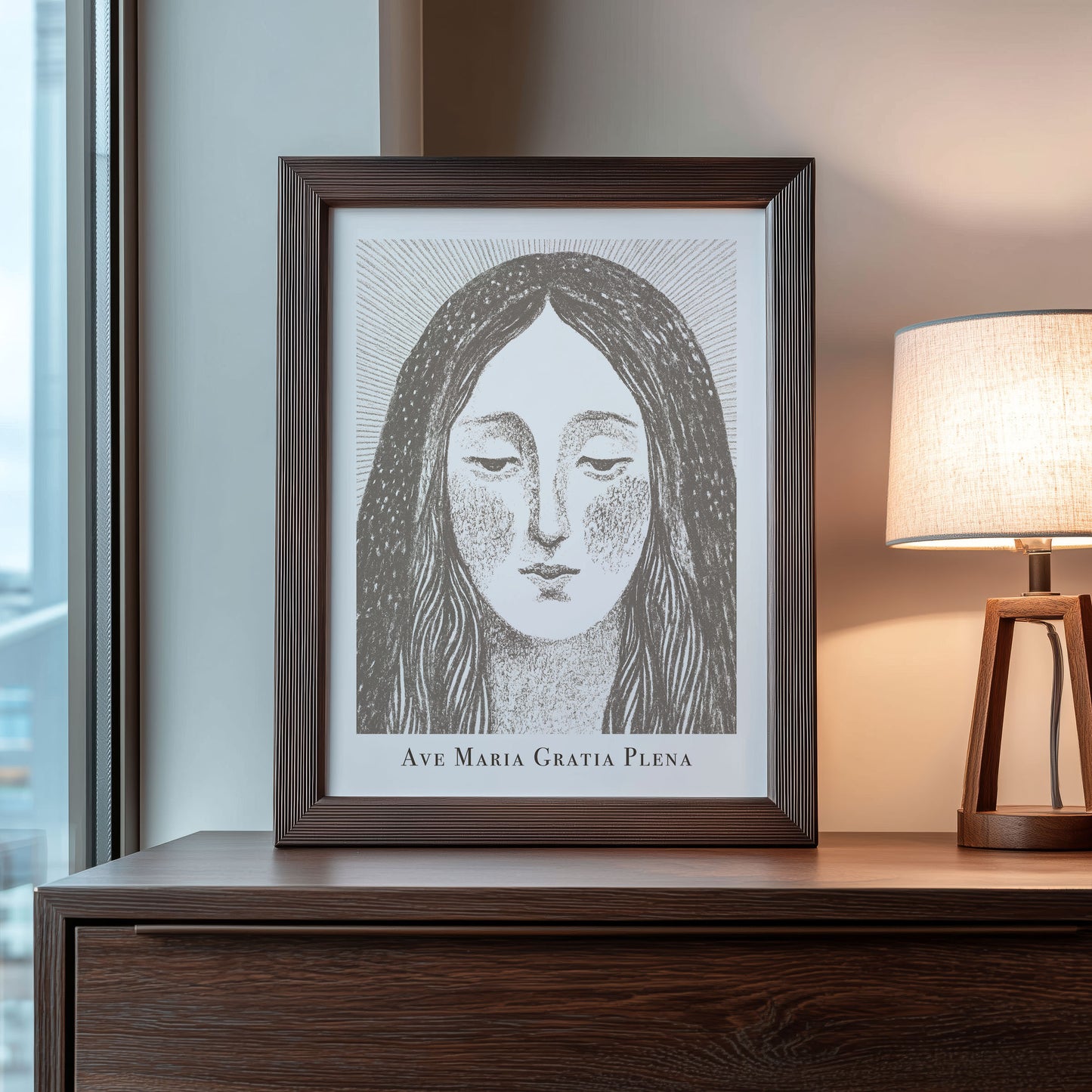 Virgin Mary Art Print - Brown interior mockup 09 - p_22_maria_0003_Layer 7