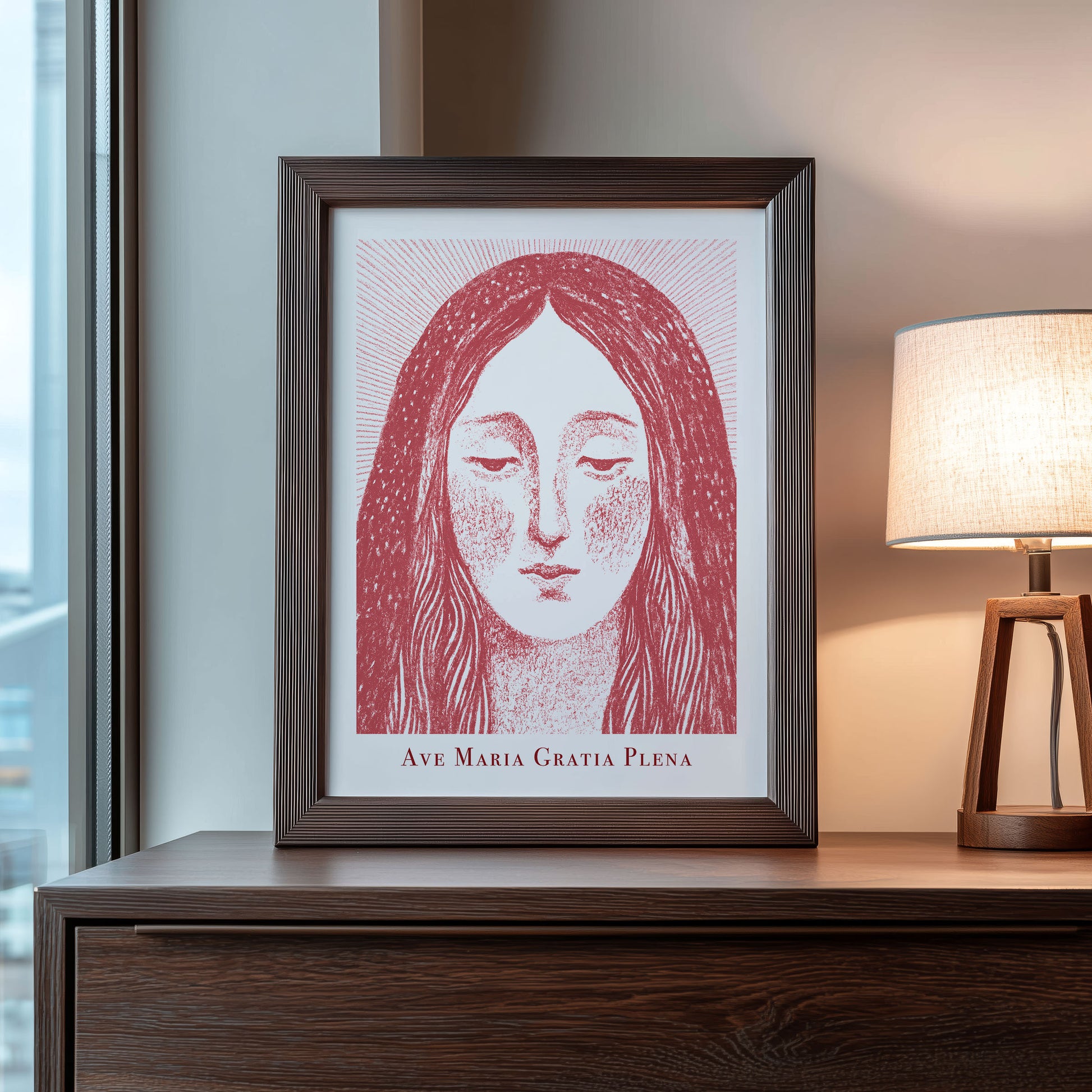 Virgin Mary Art Print - Red interior mockup 09 - p_22_maria_0007_Layer 3