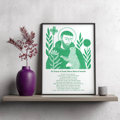 St Francis with Cat Art Print - Green interior mockup 10 - p_23_franc_cat_0000_Layer 1