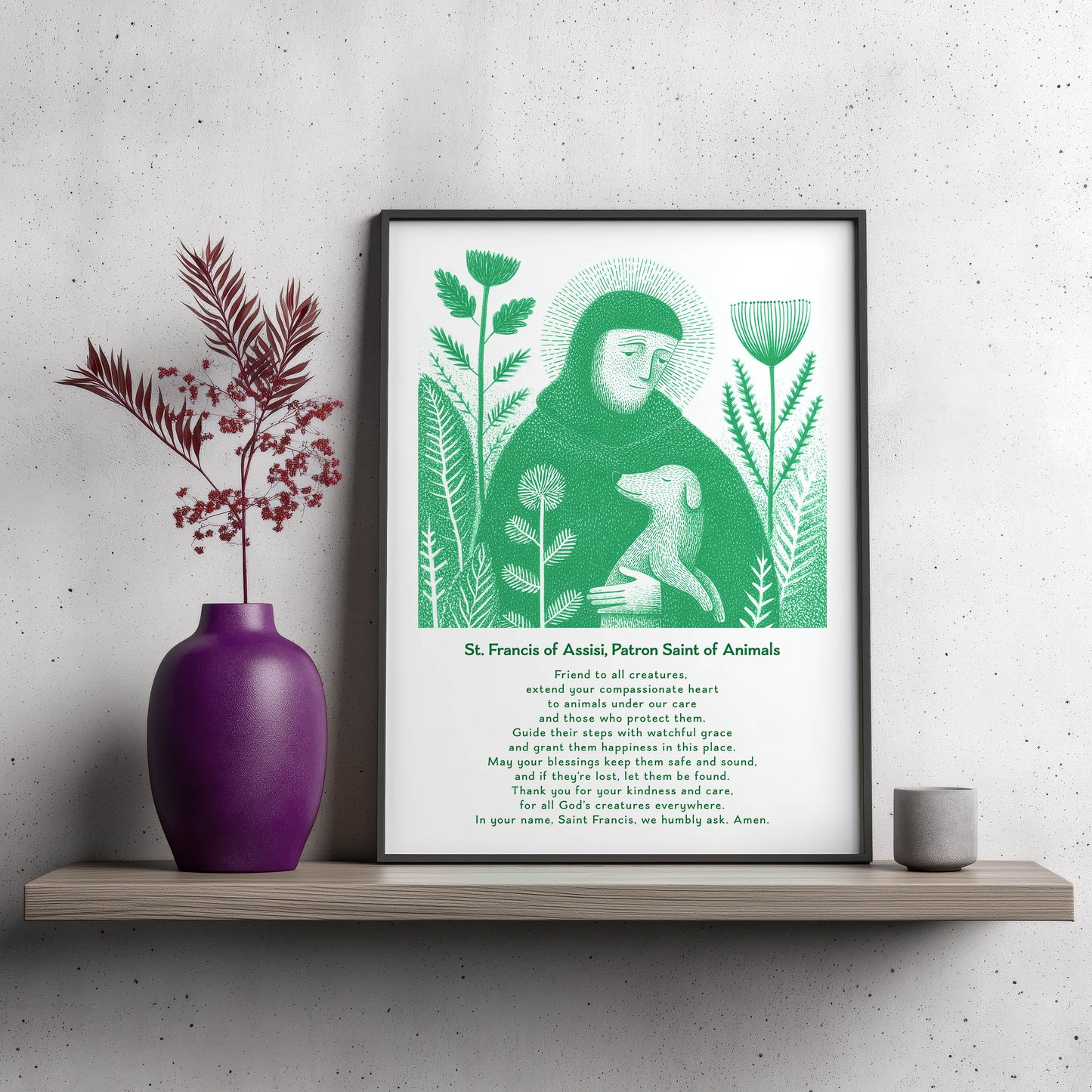 St Francis with Dog Art Print - Green interior mockup 10 - p_23_franc_dog_0000_Layer 1