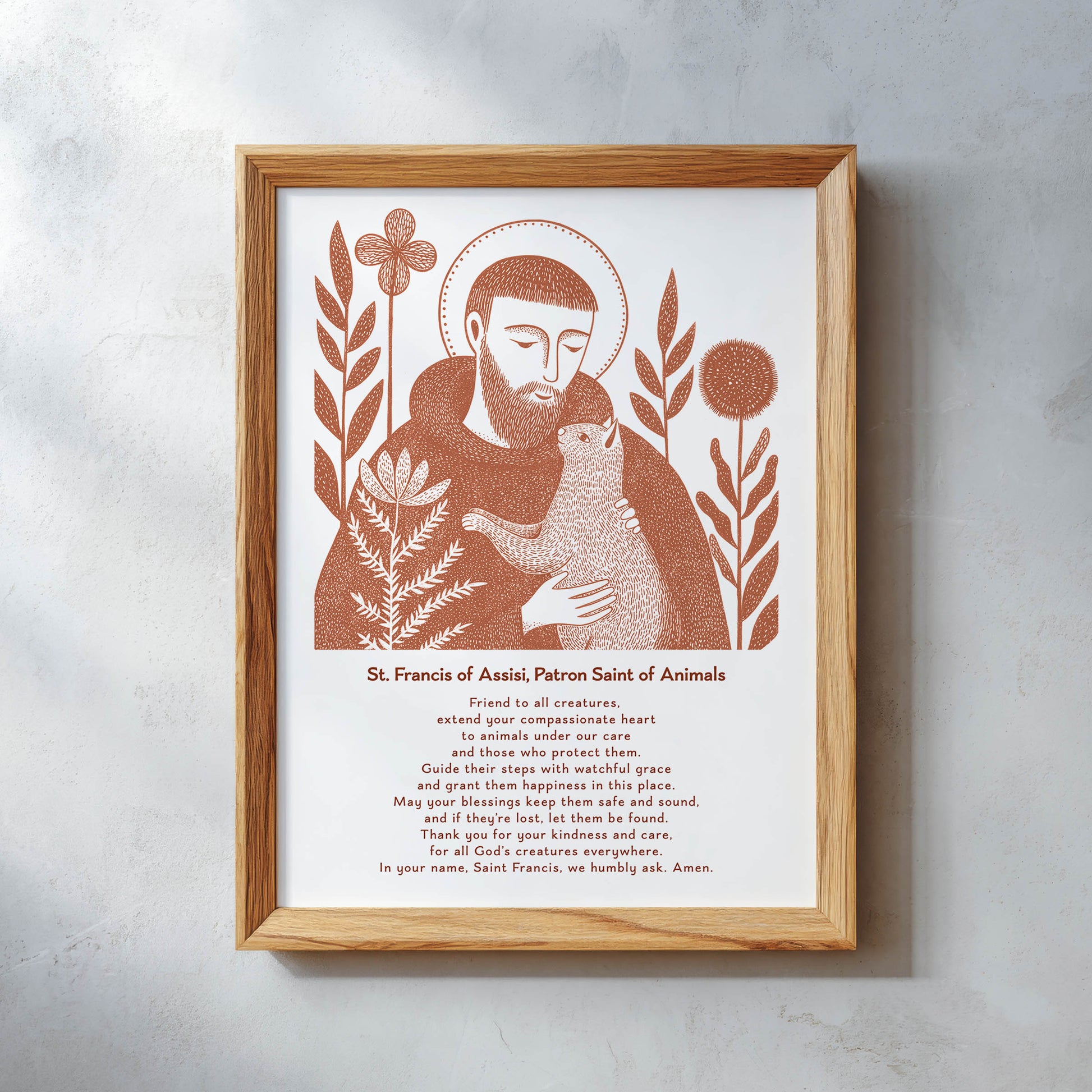 St Francis with Cat Art Print - Terracotta interior mockup 10 - p_26_wooden_0001_Layer 7