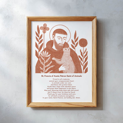 St Francis with Cat Art Print - Terracotta interior mockup 10 - p_26_wooden_0001_Layer 7