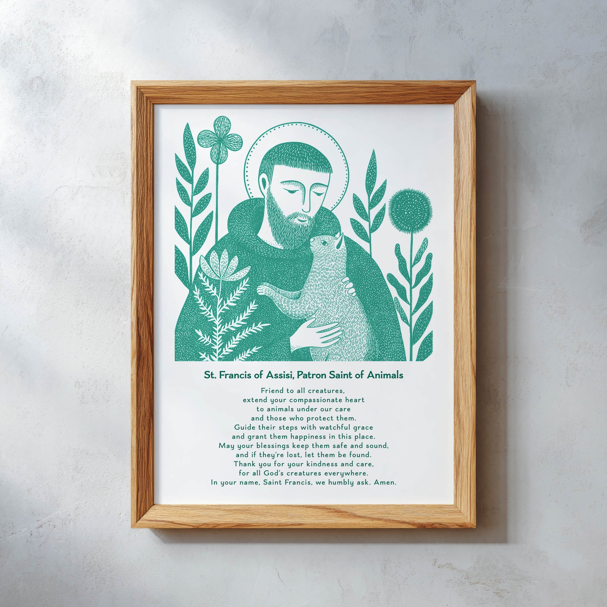 St Francis with Cat Art Print - Teal interior mockup 11 - p_26_wooden_0002_Layer 8