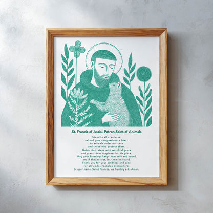 St Francis with Cat Art Print - Teal interior mockup 11 - p_26_wooden_0002_Layer 8