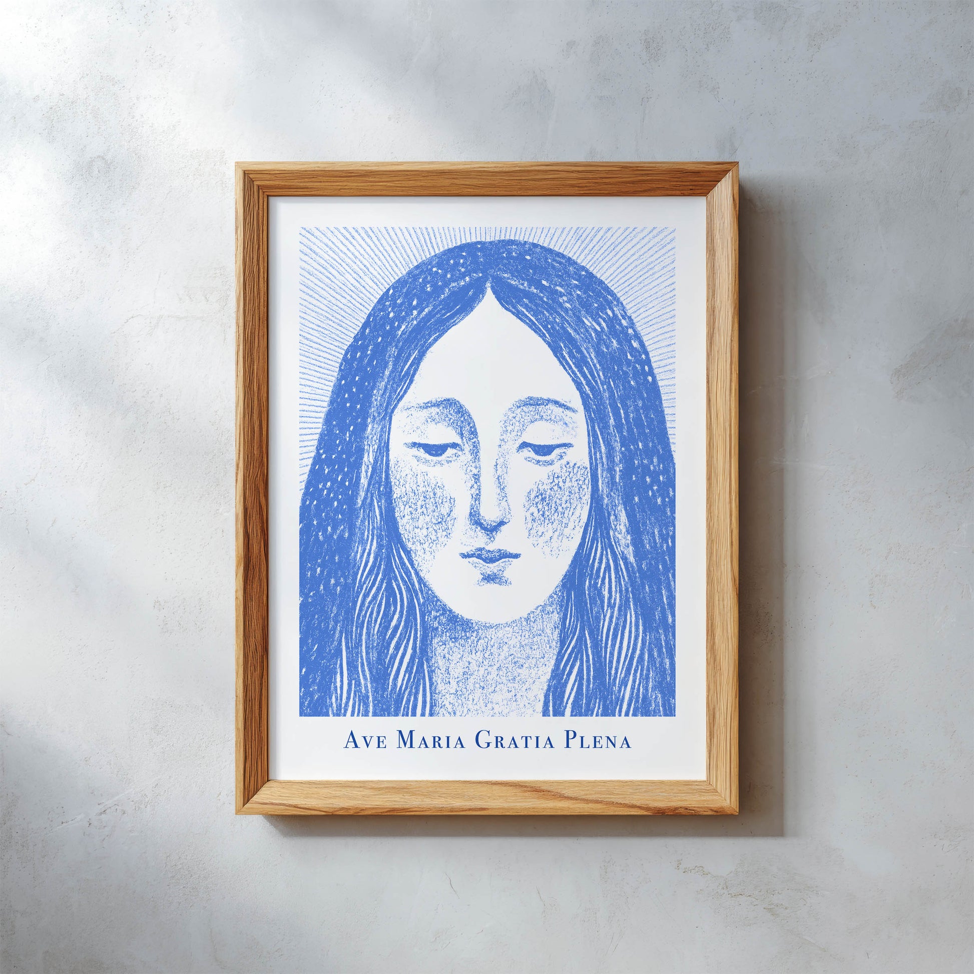 Virgin Mary Art Print - Blue interior mockup 10 - p_26_wooden_0002_Layer 8