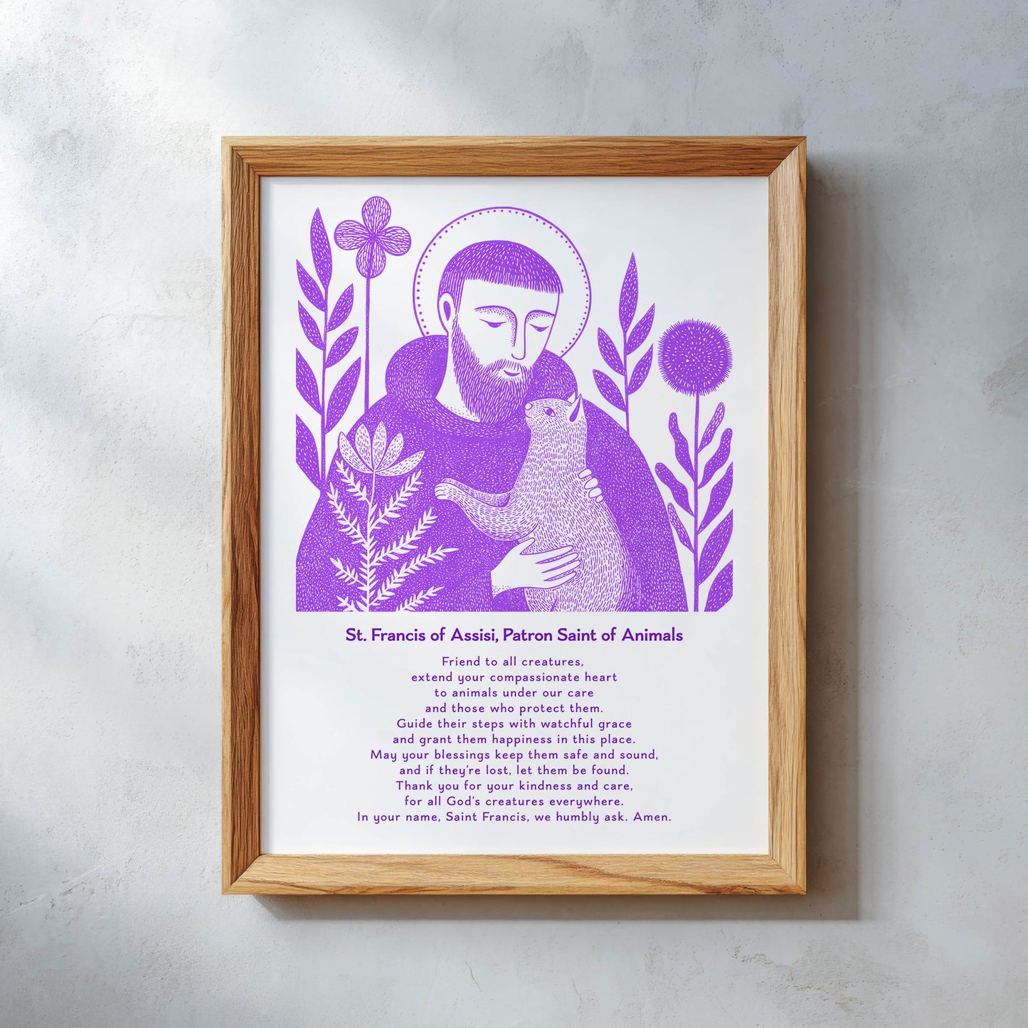 St Francis with Cat Art Print - Purple interior mockup 11 - p_26_wooden_0003_Layer 9