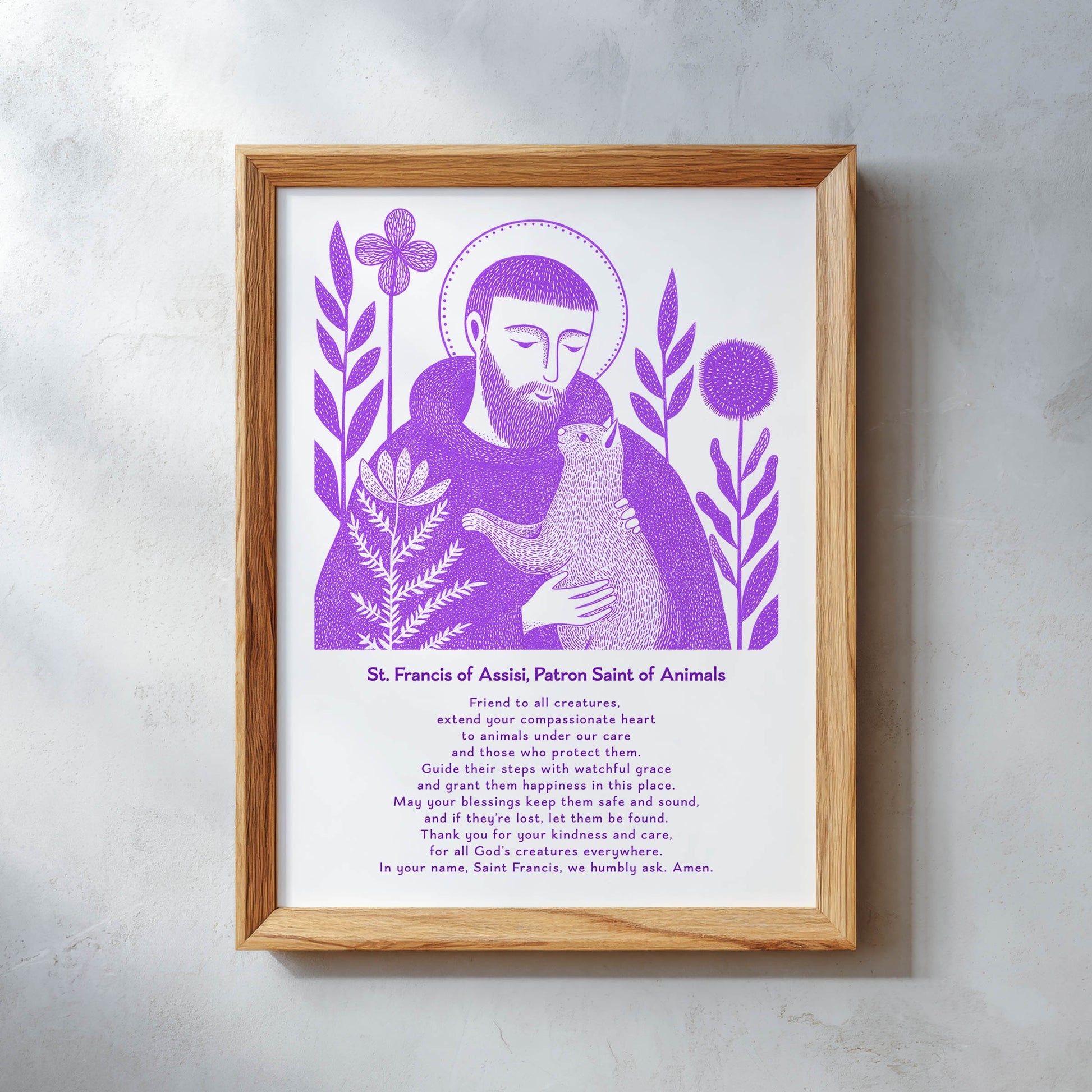 St Francis with Cat Art Print - Purple interior mockup 11 - p_26_wooden_0003_Layer 9