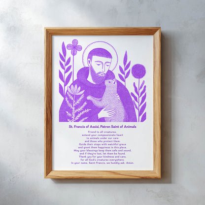 St Francis with Cat Art Print - Purple interior mockup 11 - p_26_wooden_0003_Layer 9