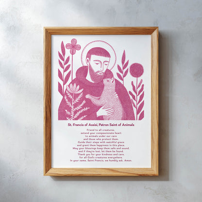 St Francis with Cat Art Print - Pink interior mockup 10 - p_26_wooden_0004_Layer 10
