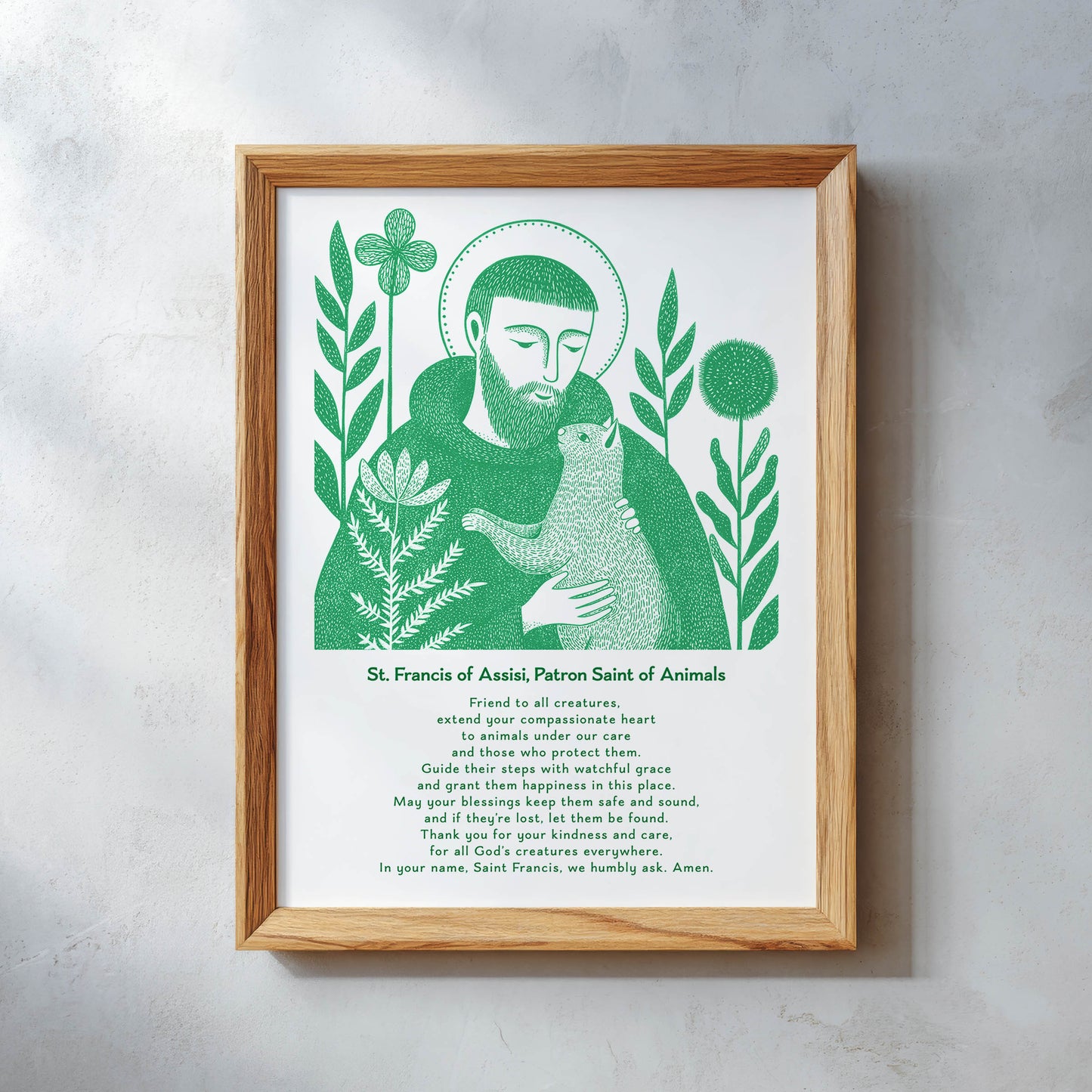 St Francis with Cat Art Print - Green interior mockup 11 - p_26_wooden_0005_Layer 11