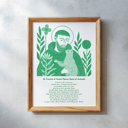St Francis with Cat Art Print - Green interior mockup 11 - p_26_wooden_0005_Layer 11