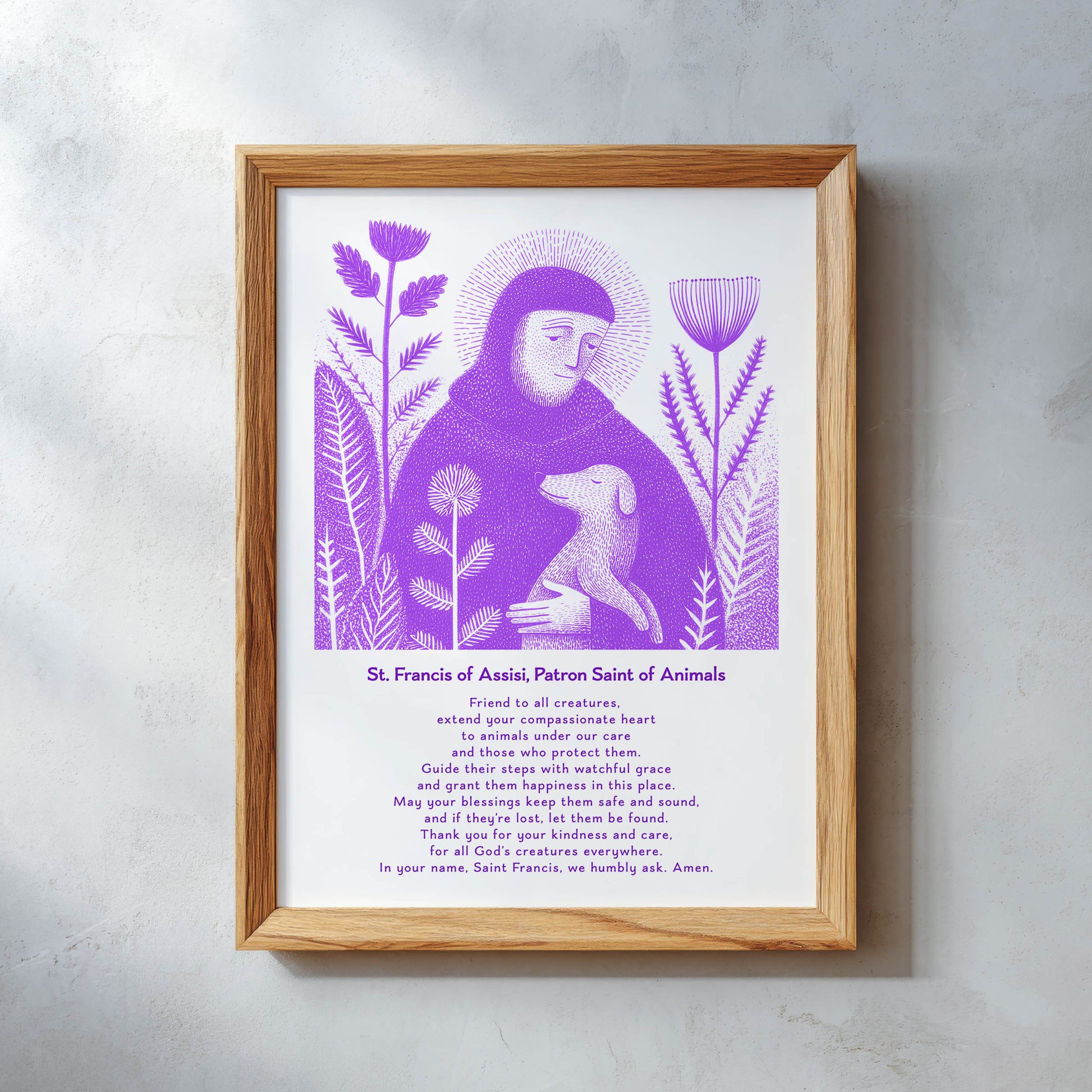 St Francis with Dog Art Print - Purple interior mockup 11 - p_26_wooden_0008_Layer 14