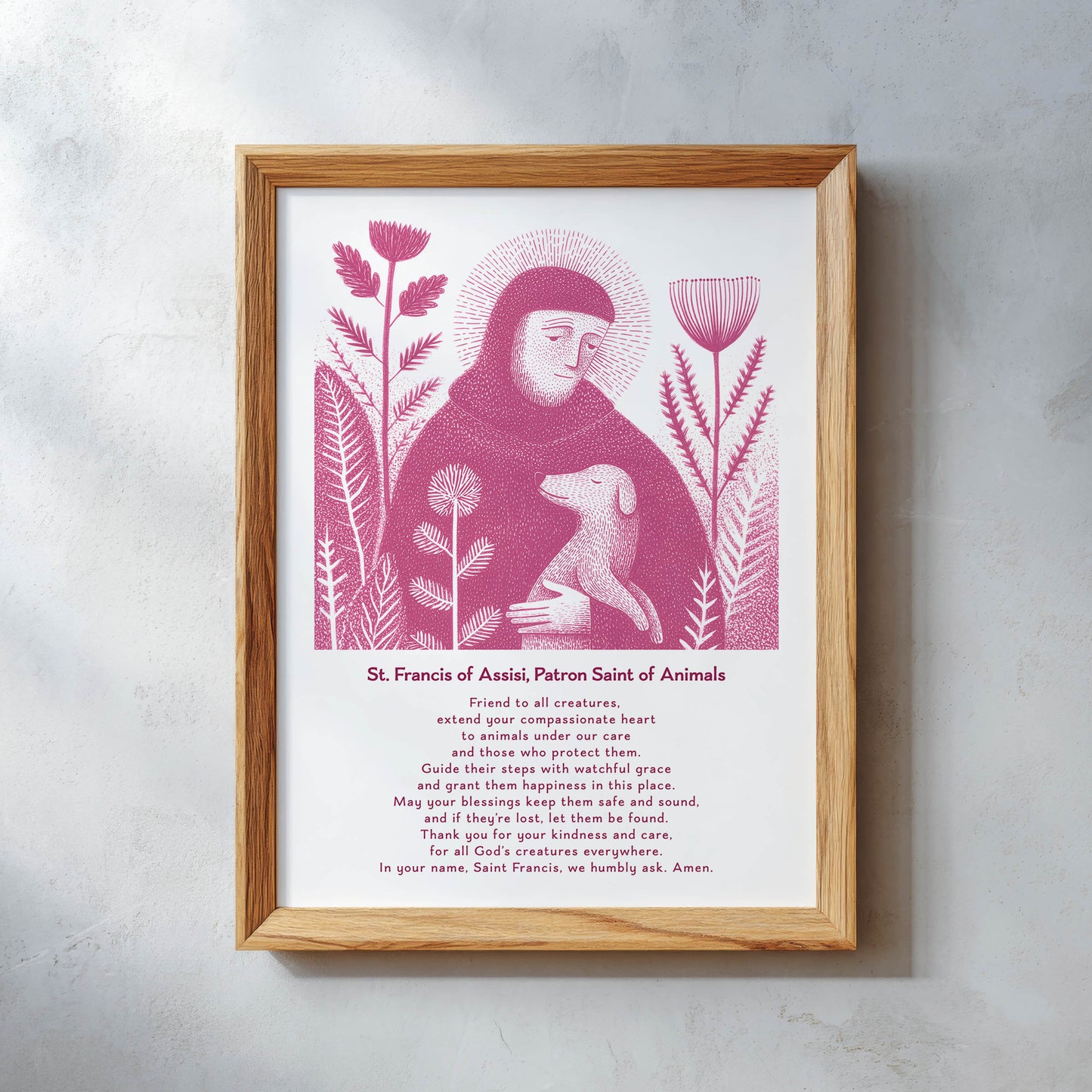 St Francis with Dog Art Print - Pink interior mockup 10 - p_26_wooden_0009_Layer 15