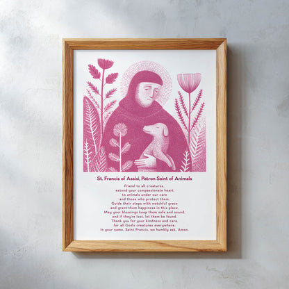 St Francis with Dog Art Print - Pink interior mockup 10 - p_26_wooden_0009_Layer 15