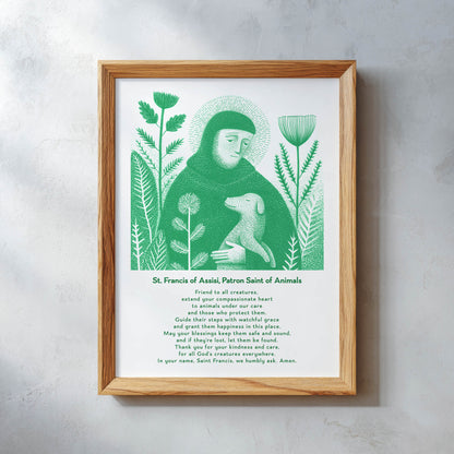 St Francis with Dog Art Print - Green interior mockup 11 - p_26_wooden_0010_Layer 16