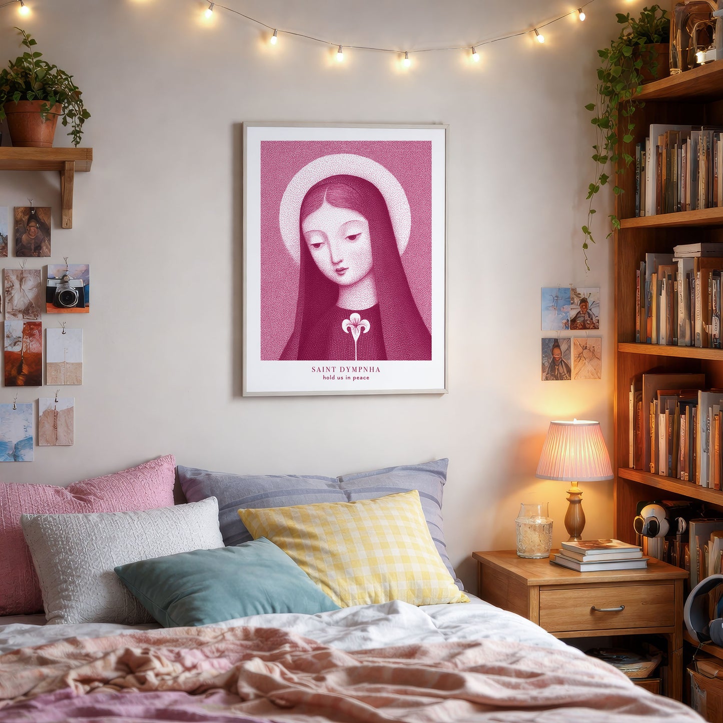 St Dymphna Art Print - Pink interior mockup 03 - p_28_teen_girl_0002_Layer 7